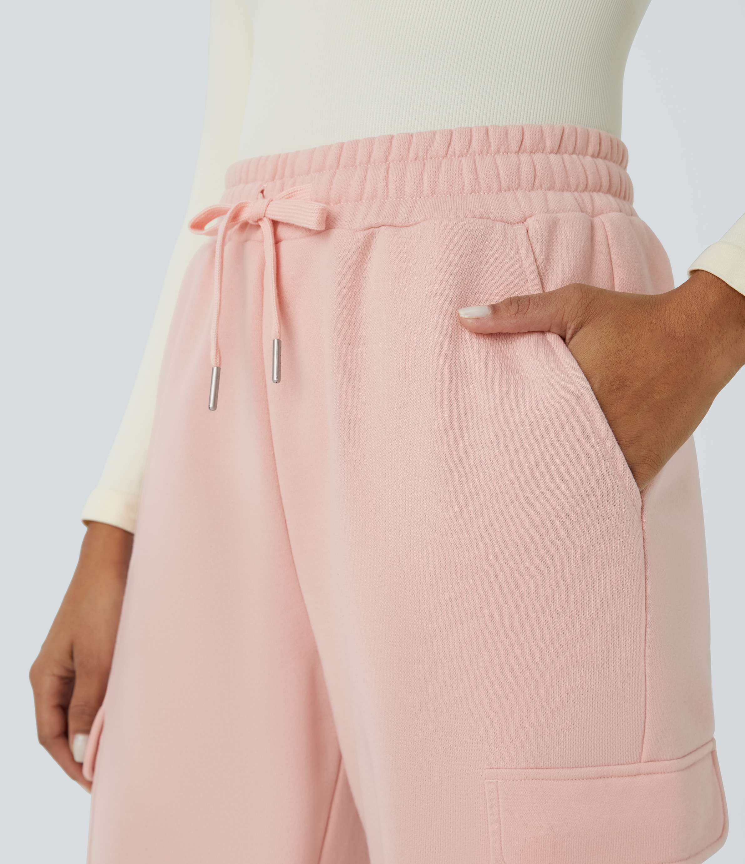 Halara High Waisted Drawstring Multiple Pockets Fleece Casual Pants  - Peachy Keen - L(regular) 