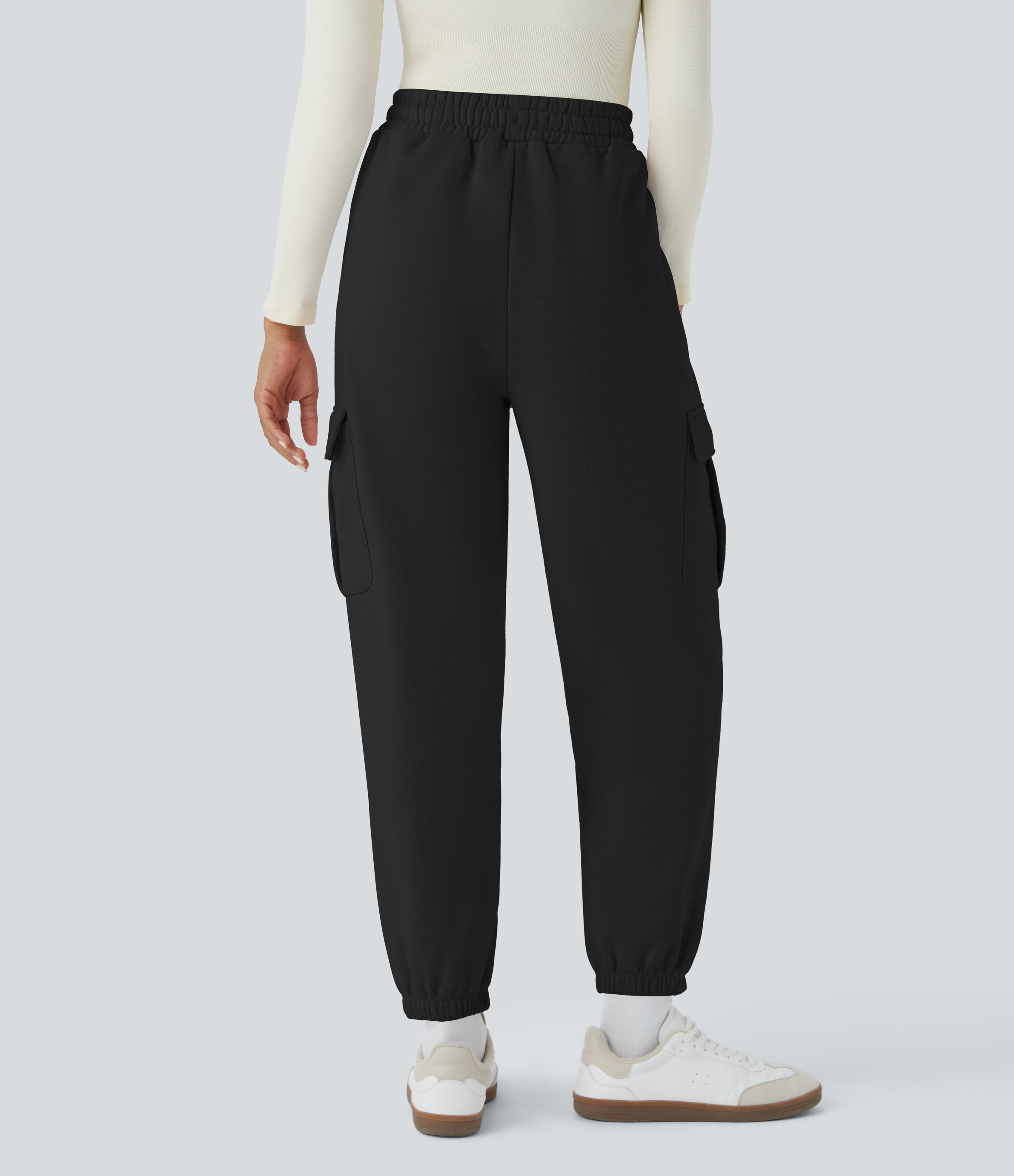 Halara High Waisted Drawstring Multiple Pockets Fleece Casual Pants  - Black - XS(regular) 