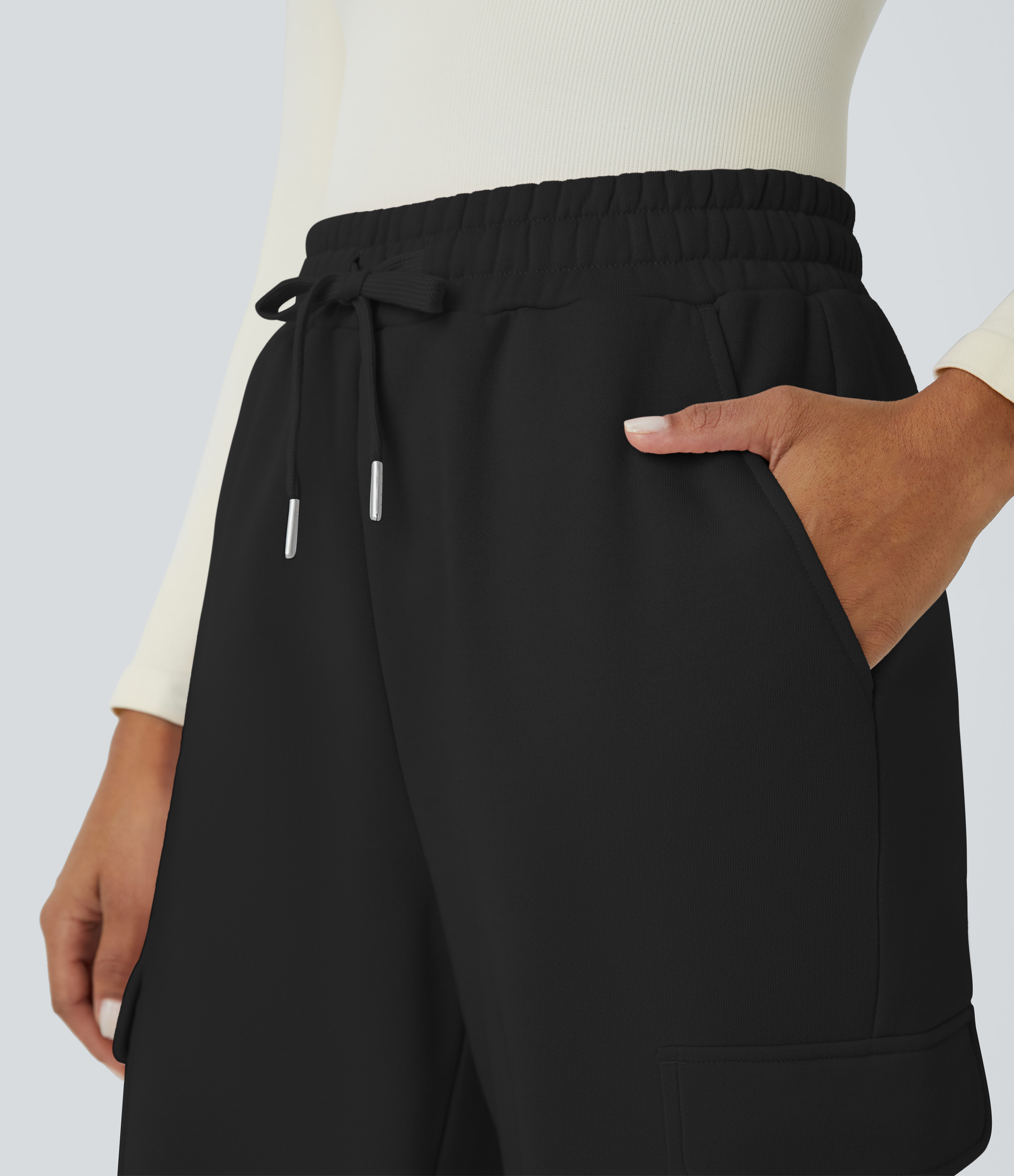 Halara High Waisted Drawstring Multiple Pockets Fleece Casual Pants  - Black - XS(regular) 