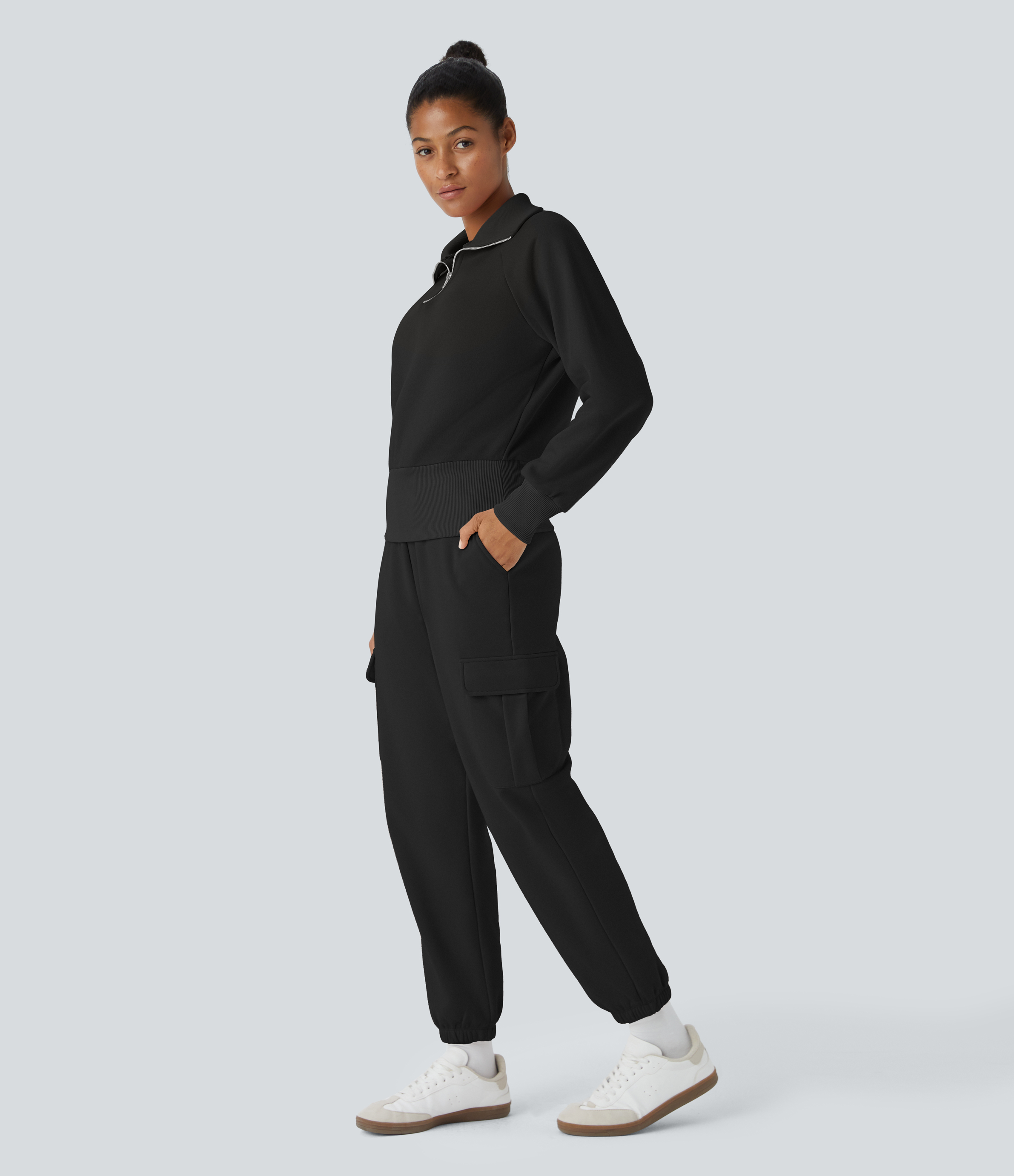 Halara High Waisted Drawstring Multiple Pockets Fleece Casual Pants  - Black - XS(regular) 
