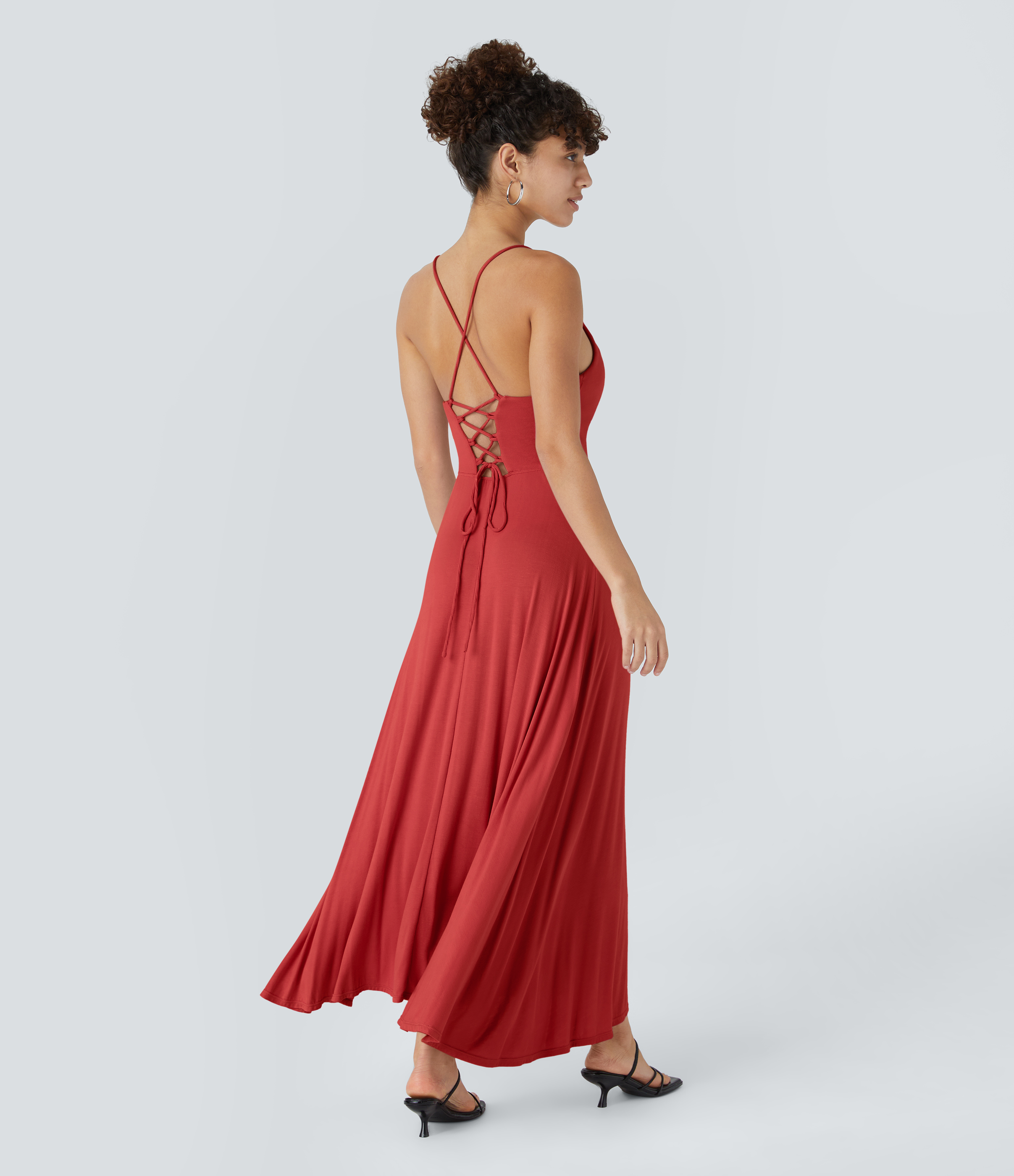 Halara Ribbed Cowl Neck Backless Crisscross Lace Up Split Midi Party Dress Casual Dress - Rubicondo - XL slip dress beach dress ruched dress 