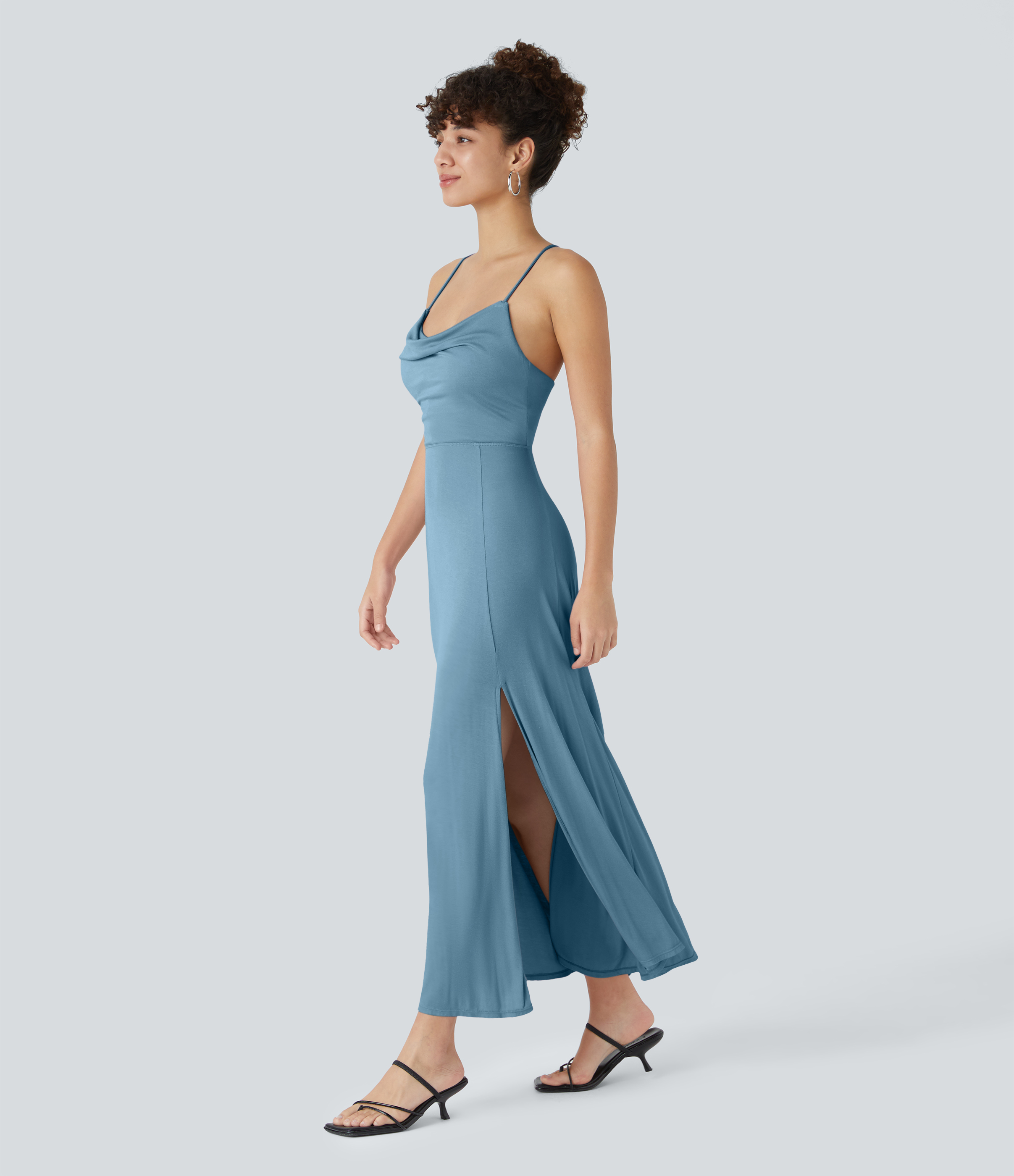 Halara Ribbed Cowl Neck Backless Crisscross Lace Up Split Midi Party Dress Casual Dress - Rainy Sky Blue - S slip dress beach dress 