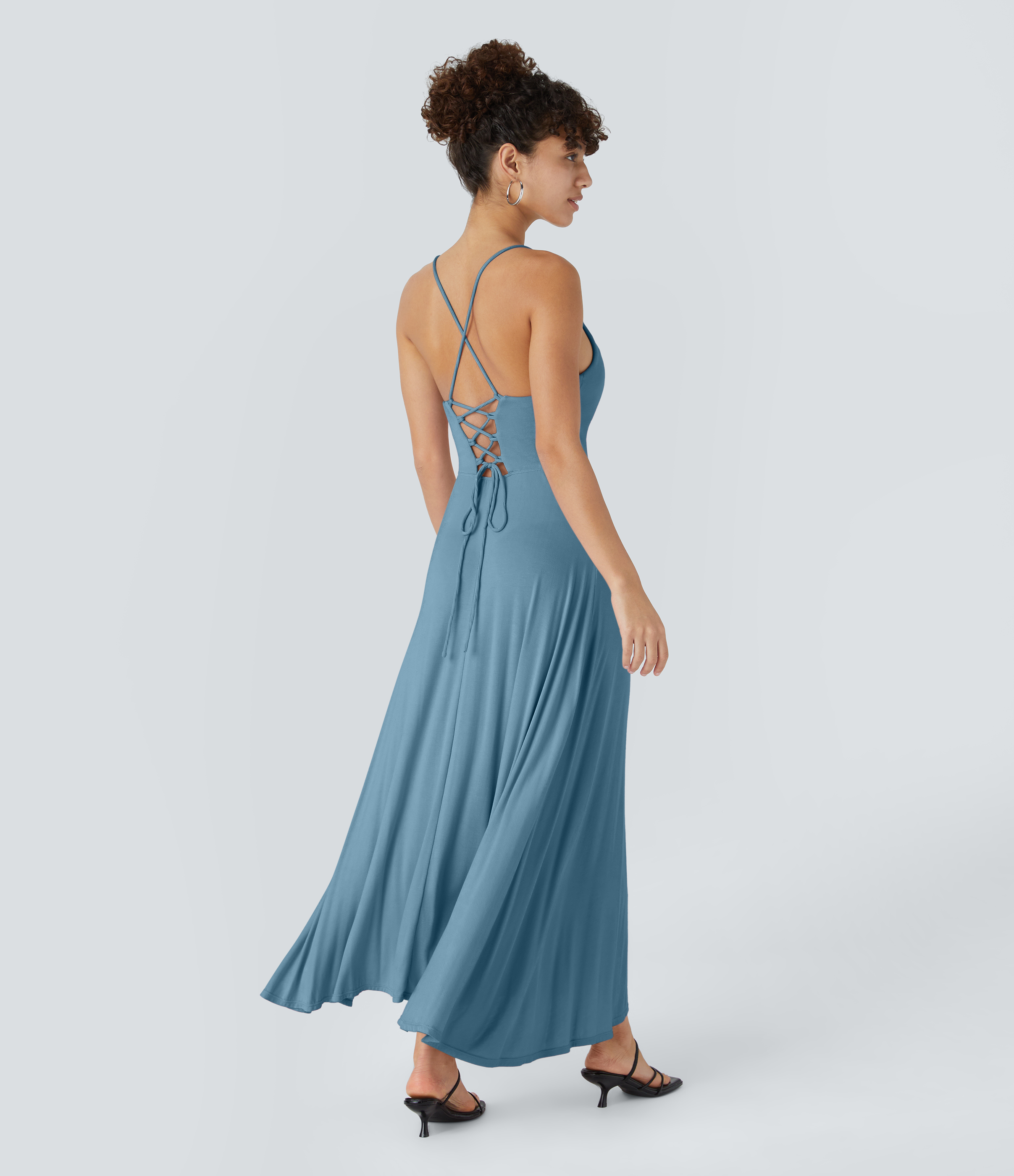 Halara Ribbed Cowl Neck Backless Crisscross Lace Up Split Midi Party Dress Casual Dress - Rainy Sky Blue - S slip dress beach dress 