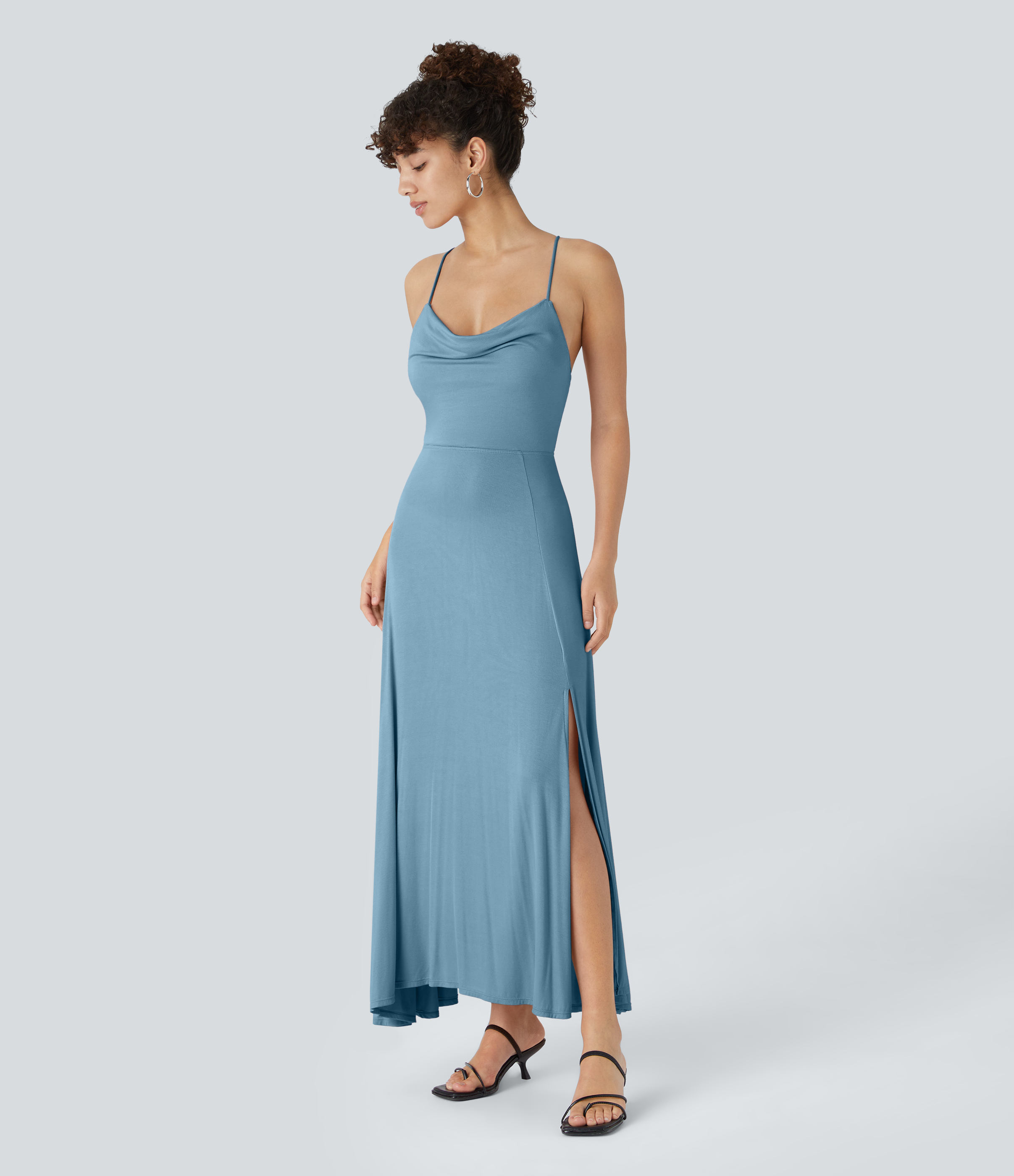 Halara Ribbed Cowl Neck Backless Crisscross Lace Up Split Midi Party Dress Casual Dress - Rainy Sky Blue - S slip dress beach dress 