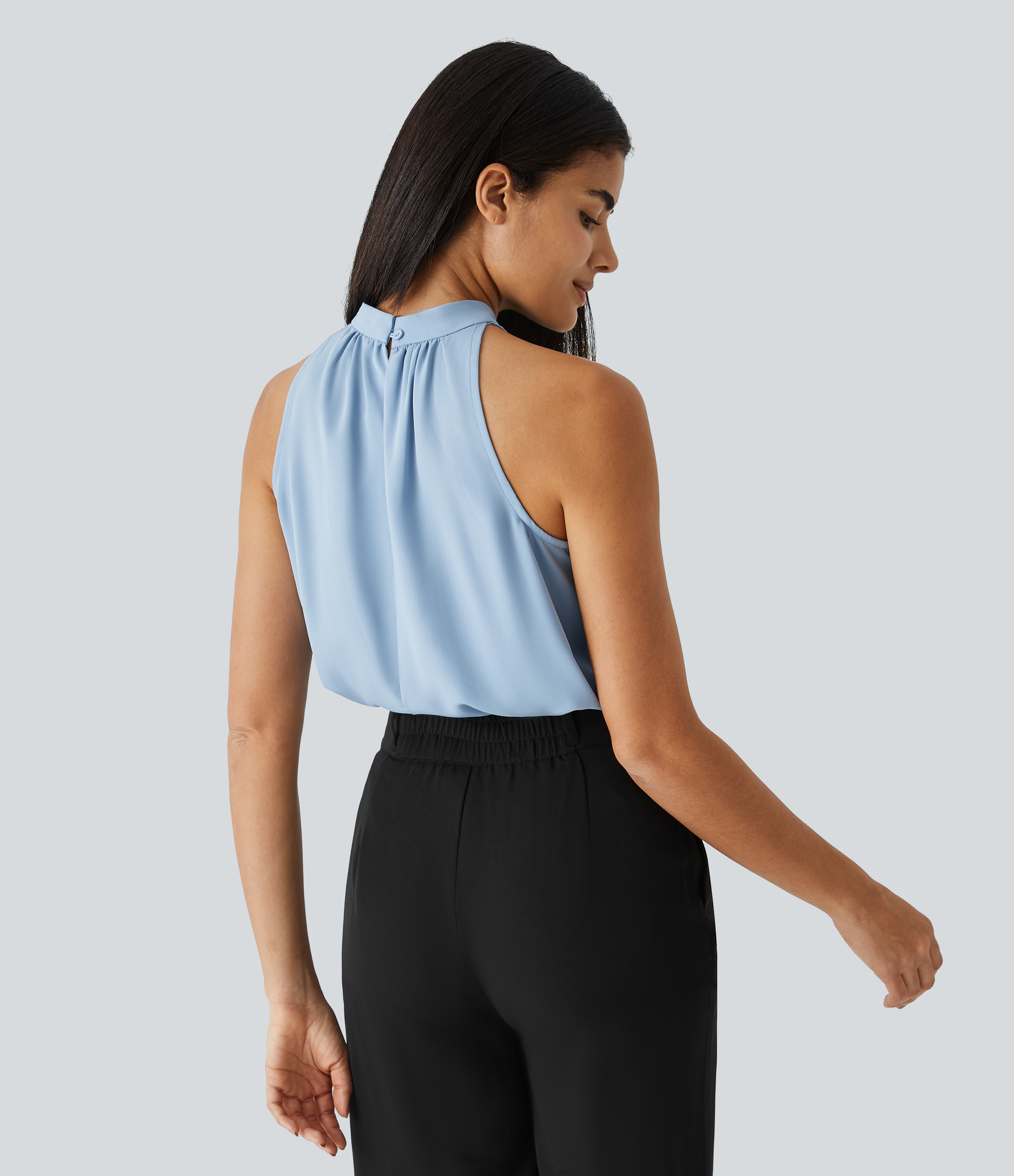 Halara Keyhole Back Halter Plicated Sleeveless Curved Hem Work Blouse  - Skyride - XL 