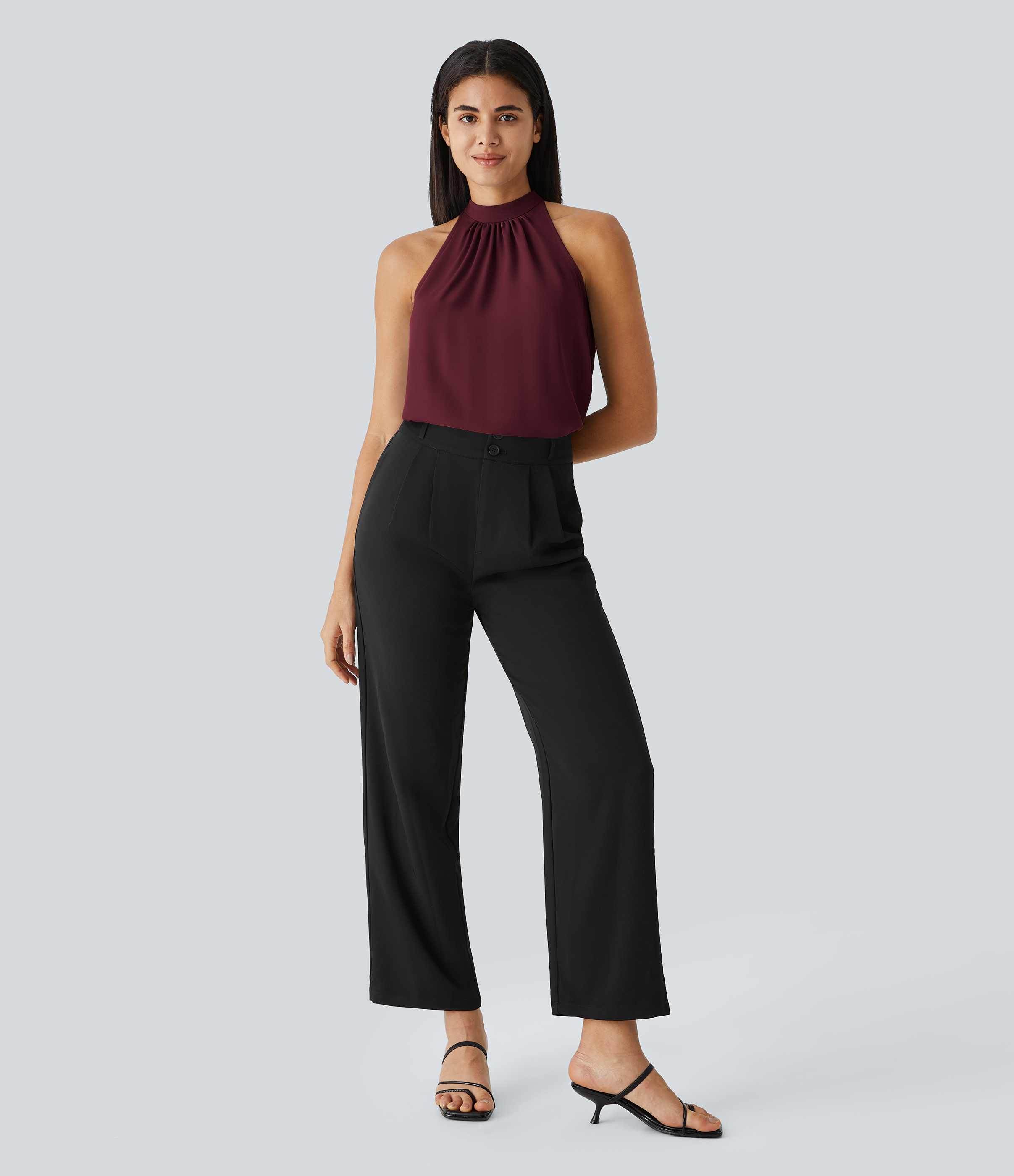 Halara Keyhole Back Halter Plicated Sleeveless Curved Hem Work Blouse  - Sangria - S 