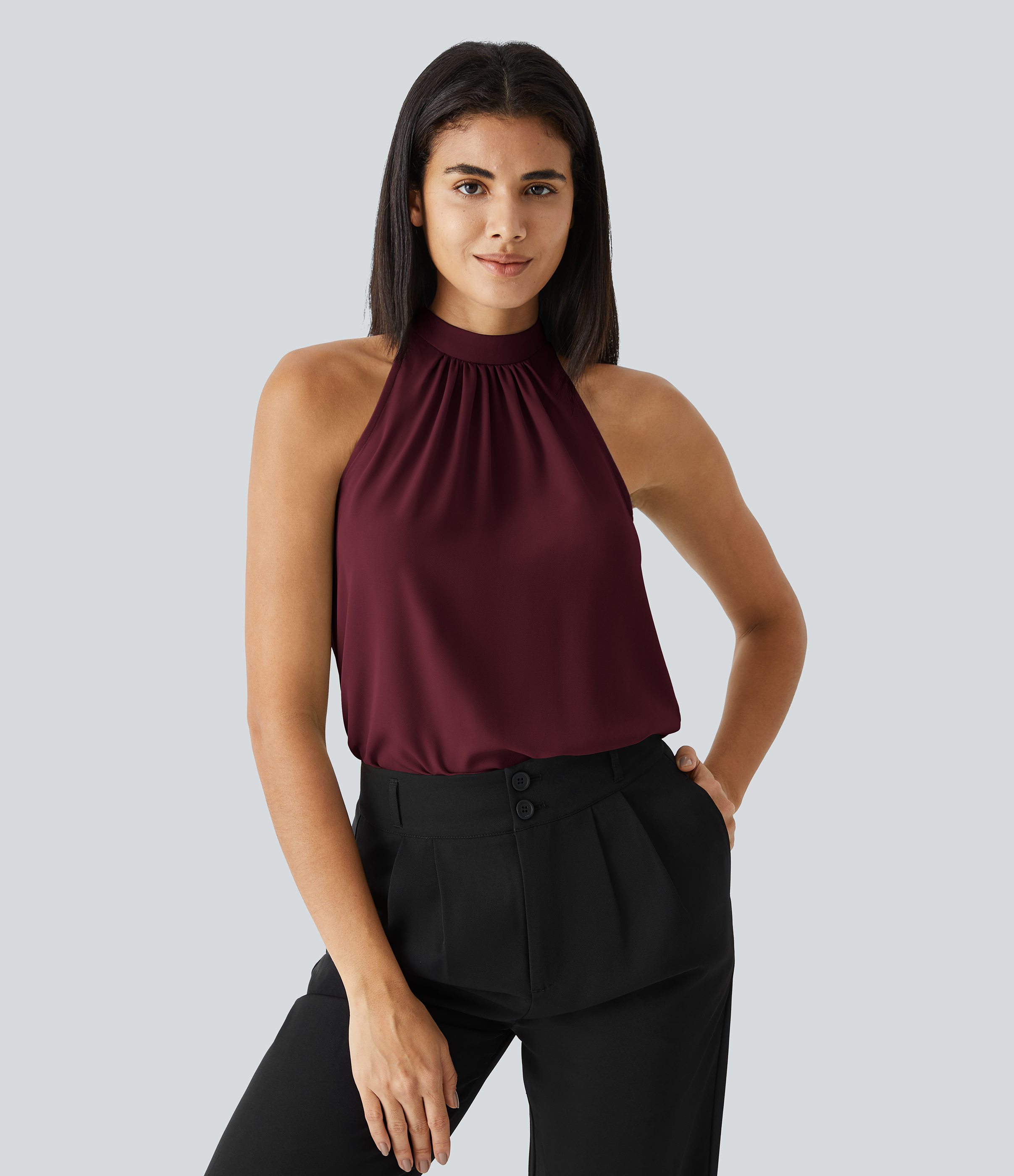Halara Keyhole Back Halter Plicated Sleeveless Curved Hem Work Blouse  - Sangria - S 