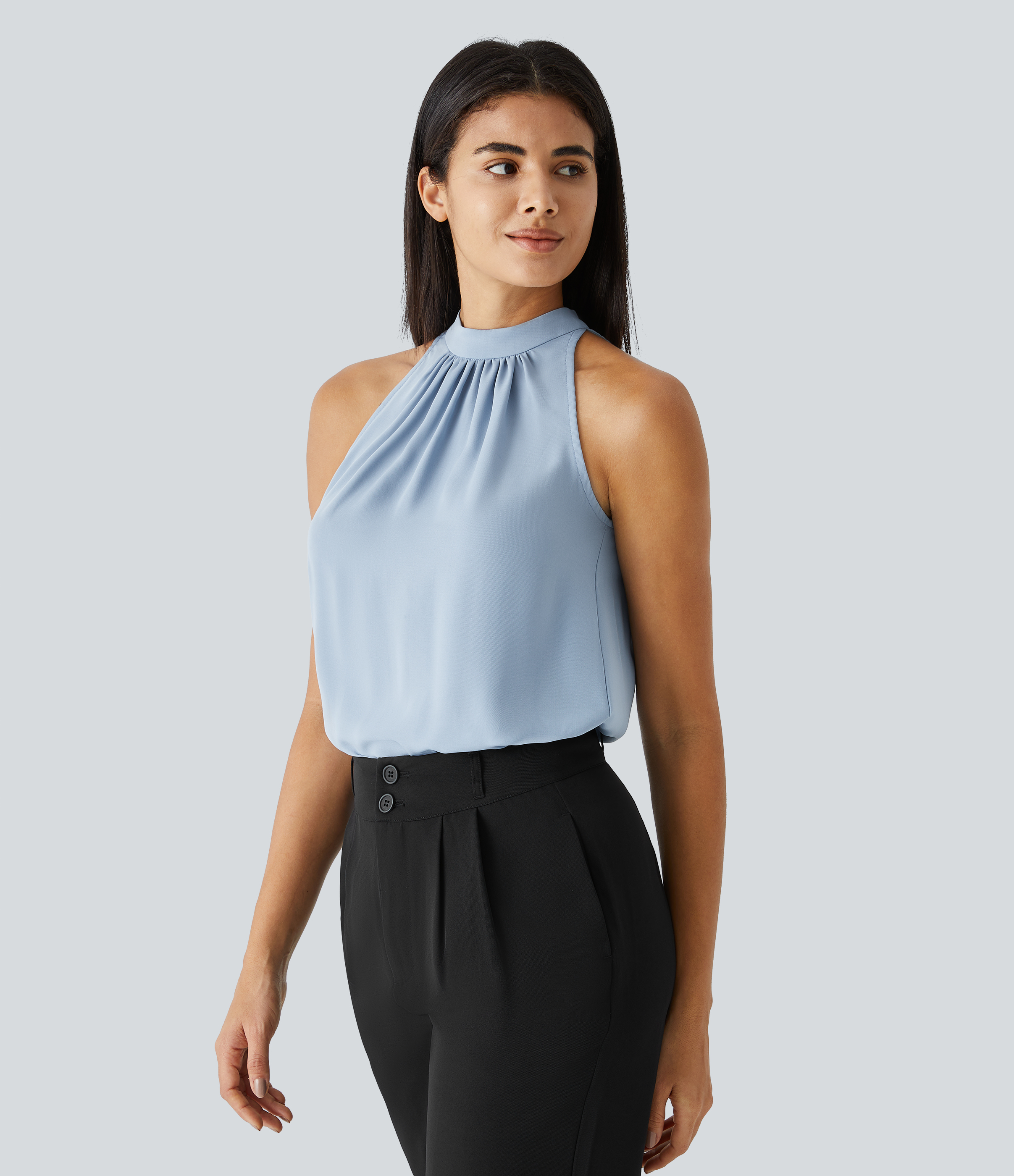 Halara Keyhole Back Halter Plicated Sleeveless Curved Hem Work Blouse  - Skyride - XL 