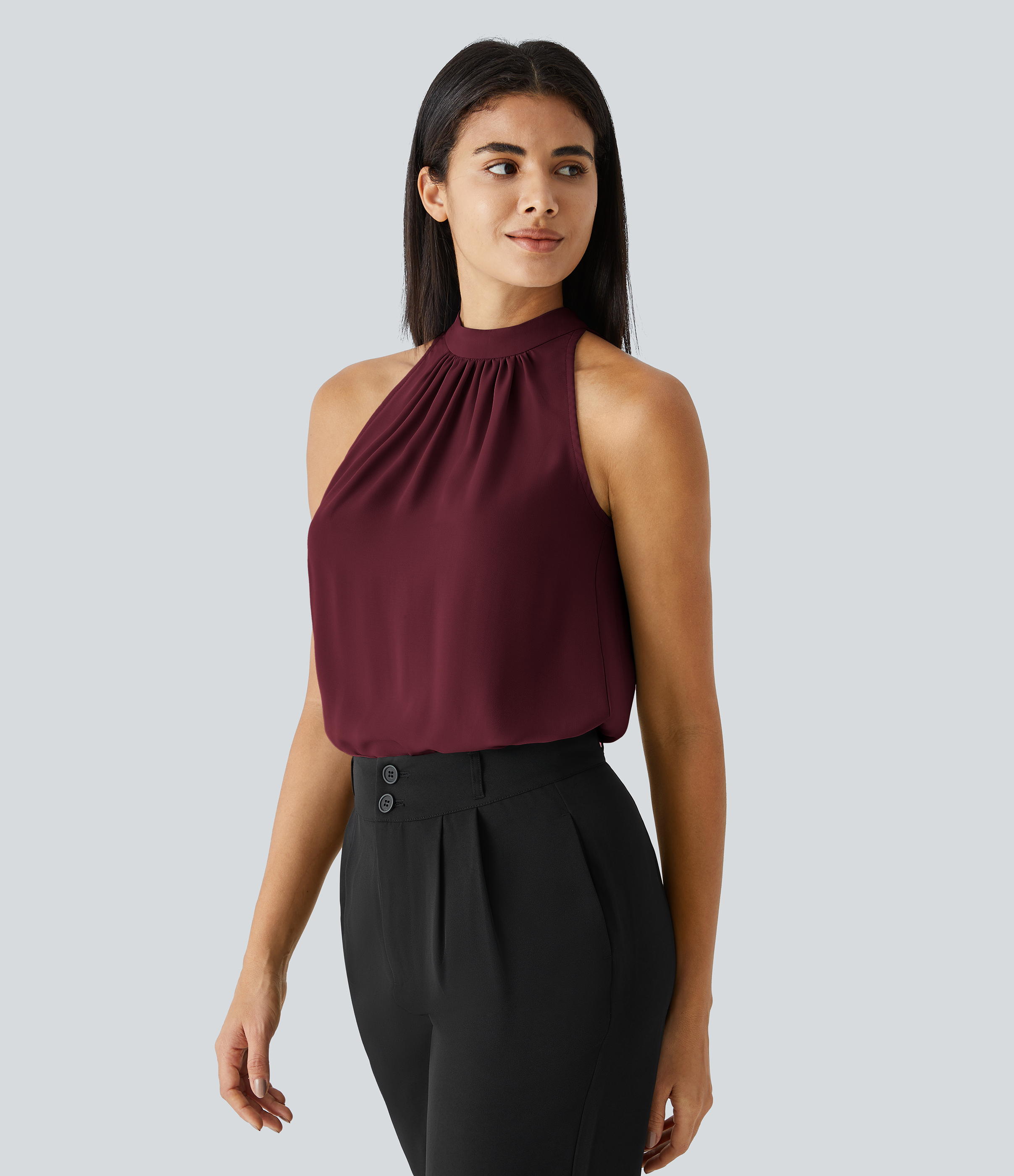 Halara Keyhole Back Halter Plicated Sleeveless Curved Hem Work Blouse  - Sangria - S 