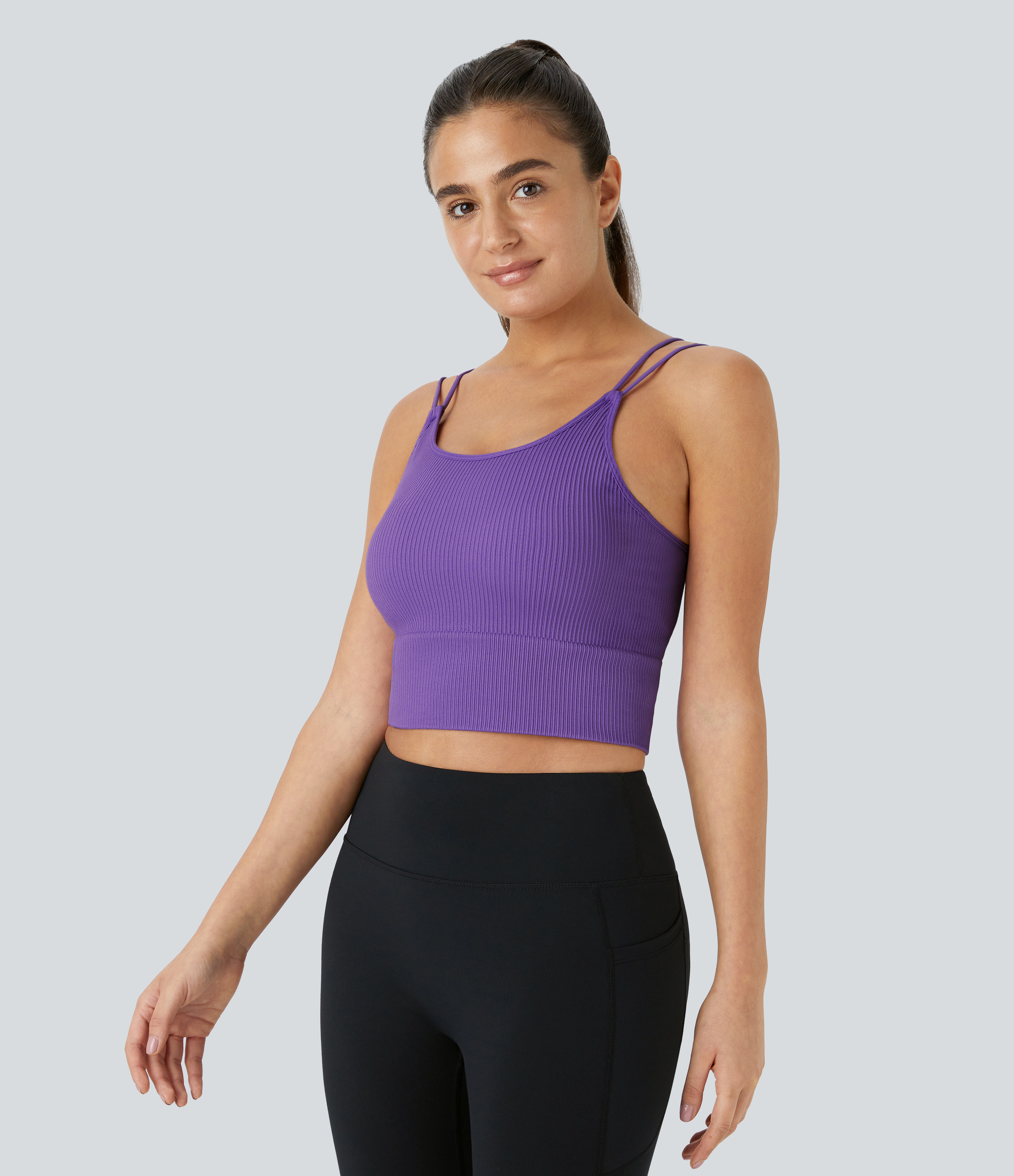 Halara Seamless Flow Double Straps V Back Cropped Running Cami Top Tank Top - Chive Blossom - XXS golf tops halter top tunic tops 