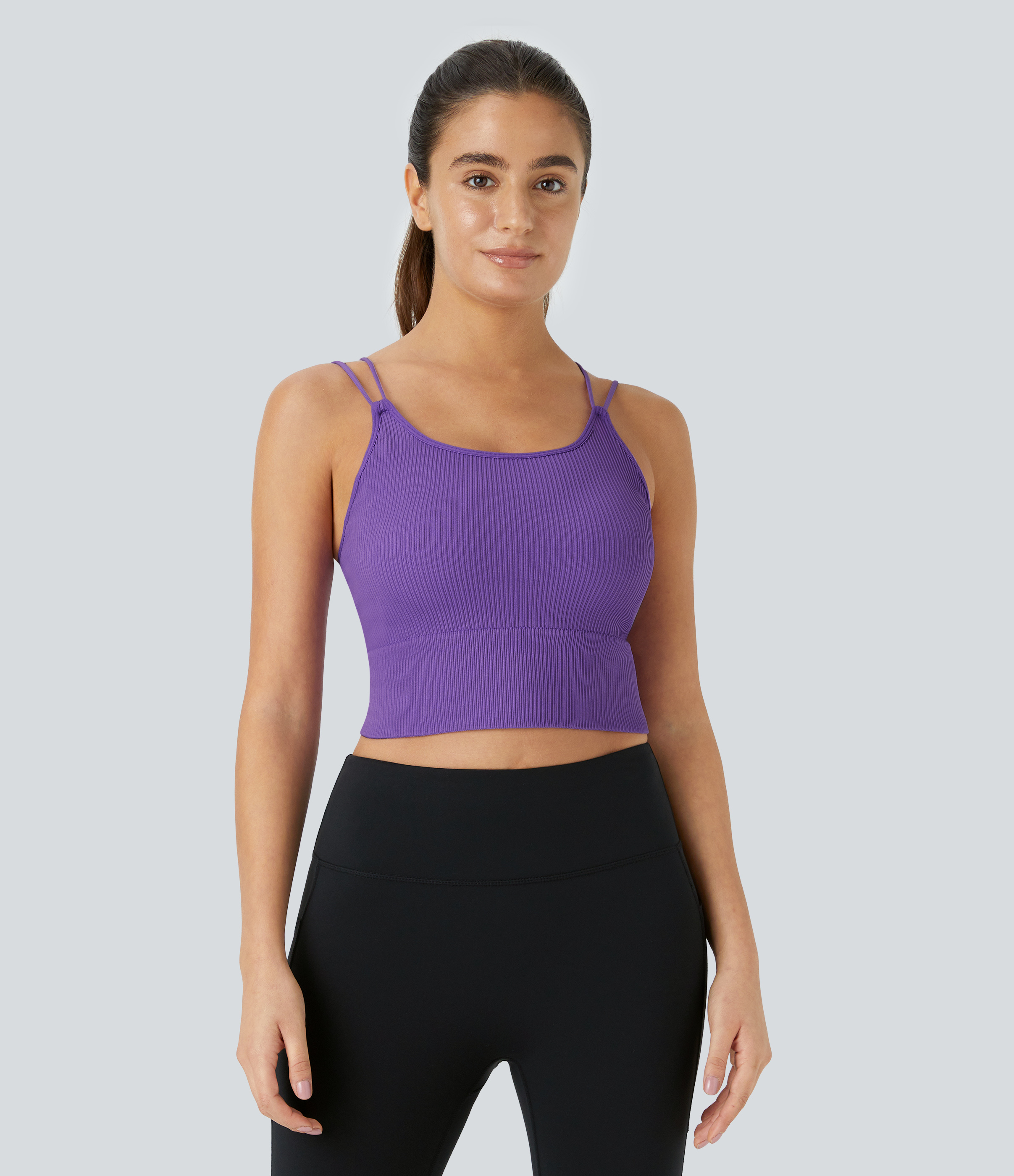 Halara Seamless Flow Double Straps V Back Cropped Running Cami Top Tank Top - Chive Blossom - XXS golf tops halter top tunic tops 