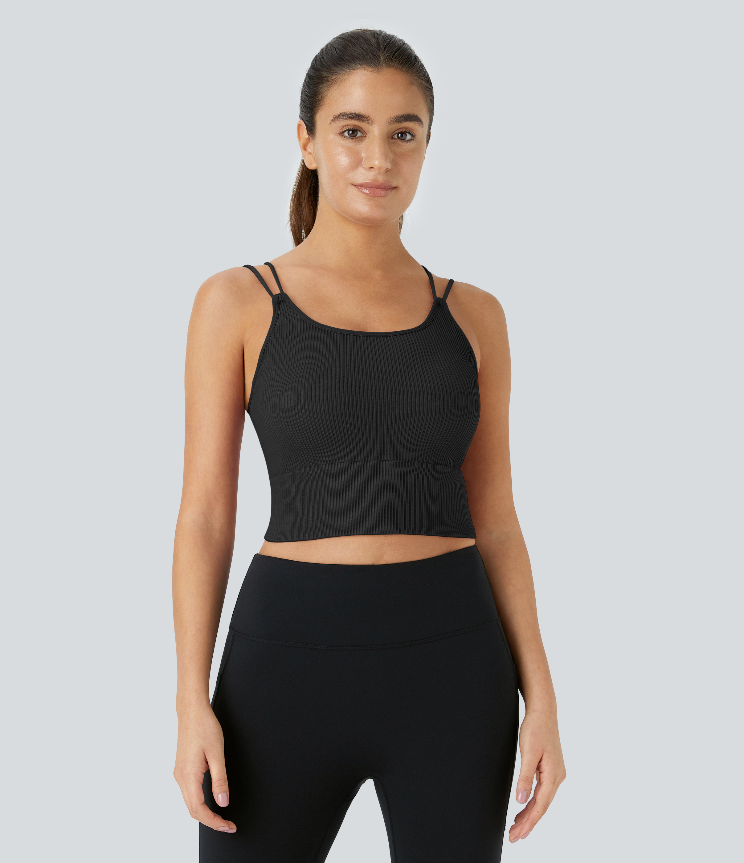 Halara Seamless Flow Double Straps V Back Cropped Running Cami Top Tank Top - Black - L golf tops halter top tunic tops sleeveless tops 