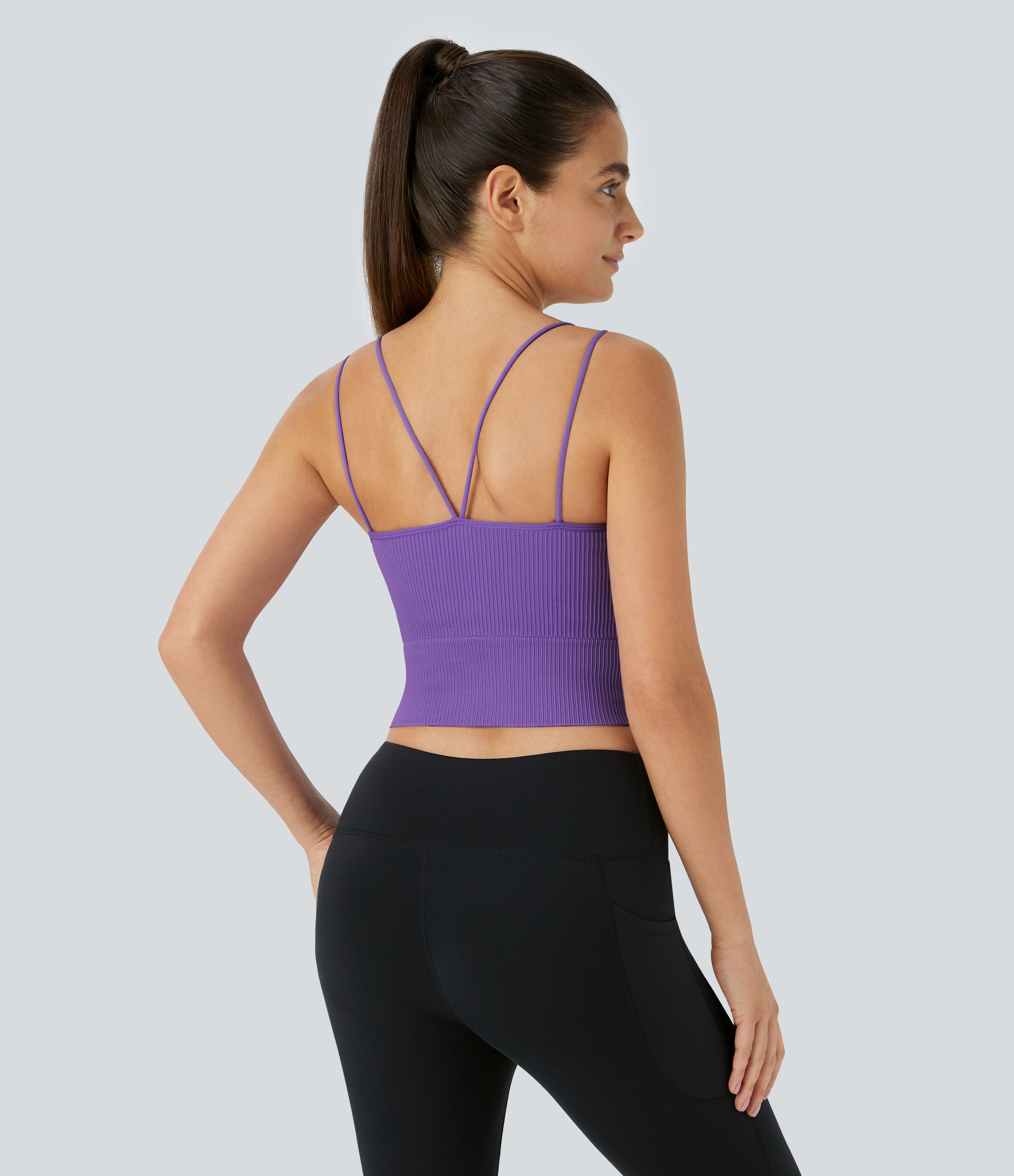 Halara Seamless Flow Double Straps V Back Cropped Running Cami Top Tank Top - Chive Blossom - XXS golf tops halter top tunic tops 
