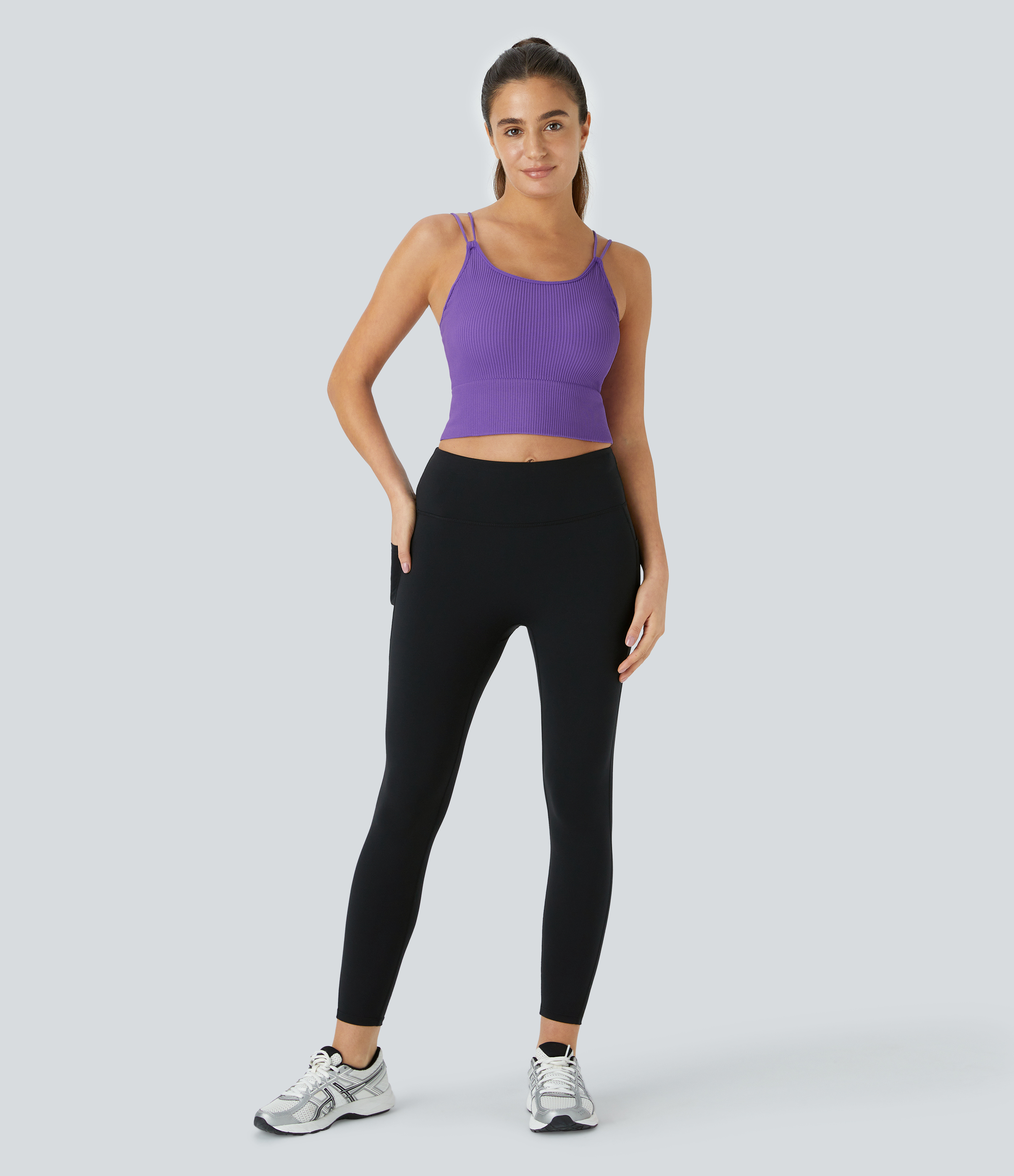Halara Seamless Flow Double Straps V Back Cropped Running Cami Top Tank Top - Chive Blossom - XXS golf tops halter top tunic tops 