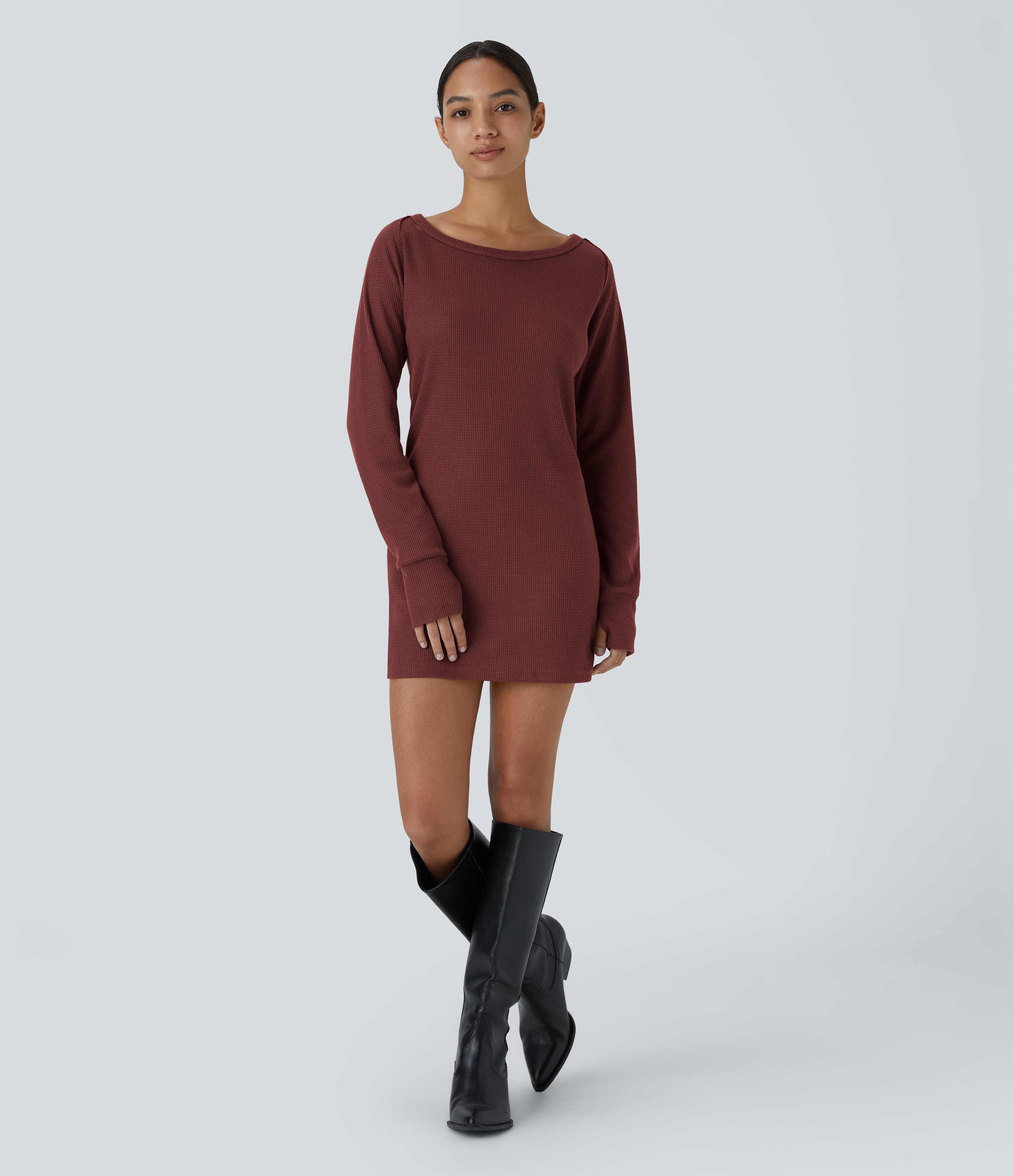 Halara Boat Neck Raglan Sleeve Thumb Hole Split Hem Waffle Casual Sweatshirt Dress  - Oxblood Red - S 