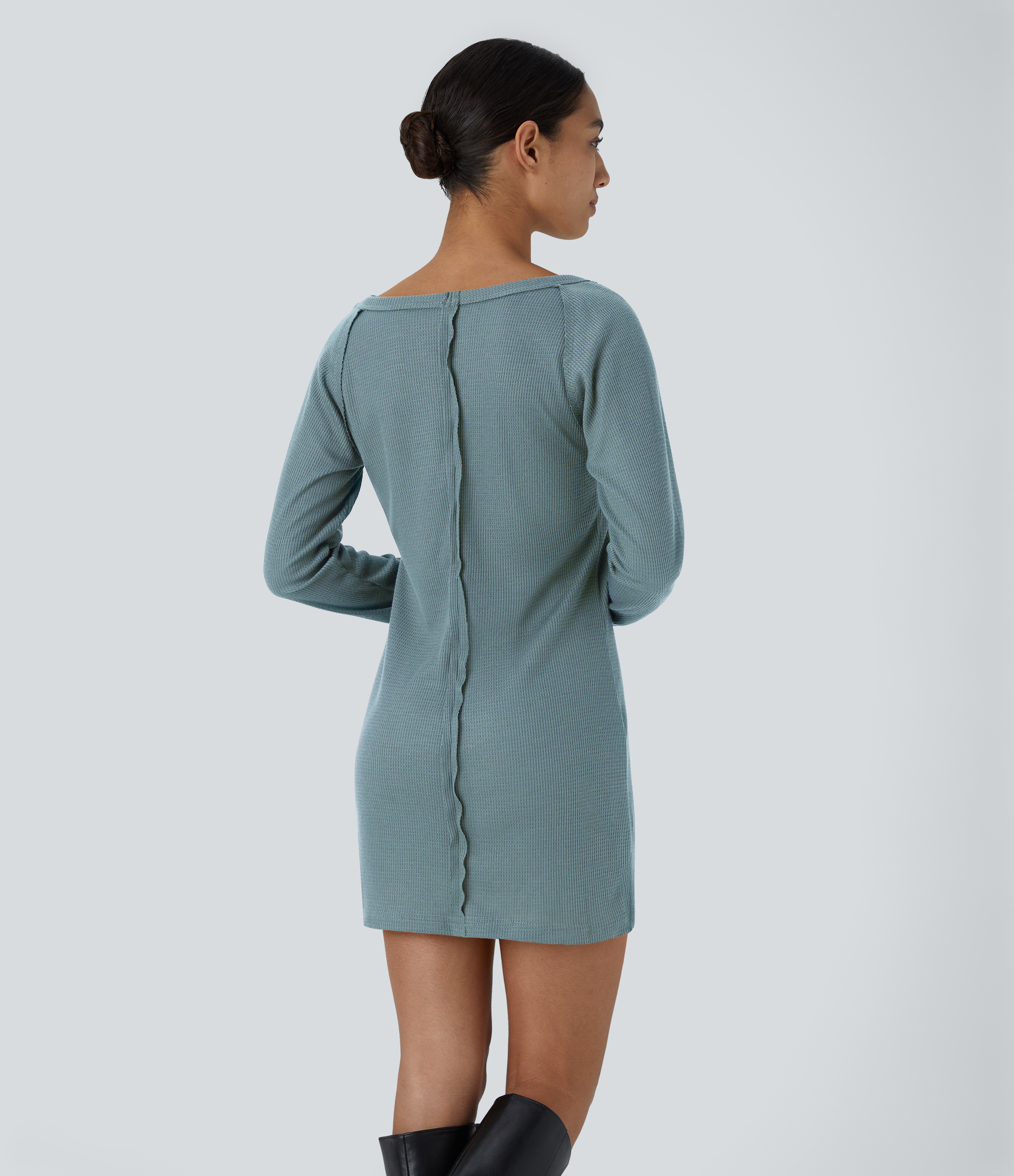 Halara Boat Neck Raglan Sleeve Thumb Hole Split Hem Waffle Casual Sweatshirt Dress  - Tourmaline - S 