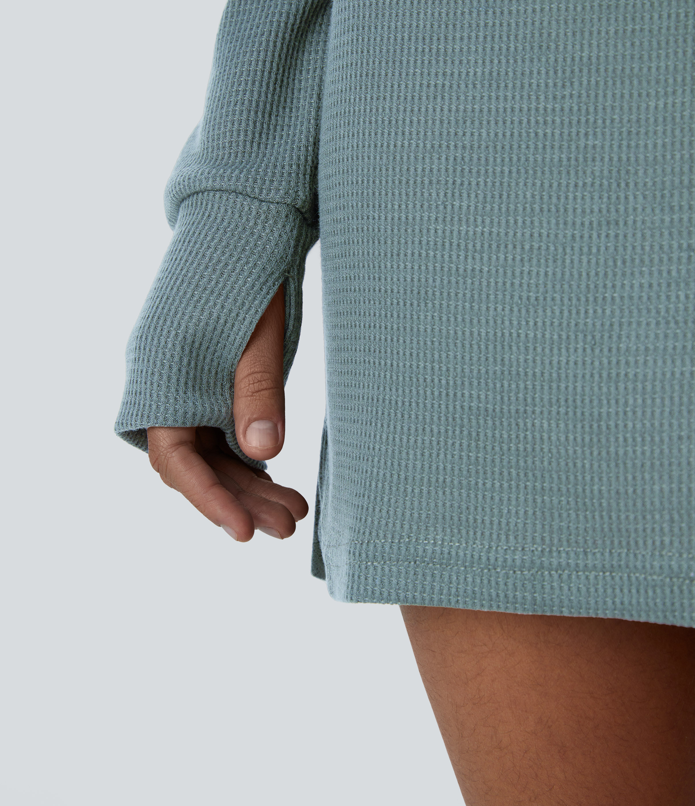 Halara Boat Neck Raglan Sleeve Thumb Hole Split Hem Waffle Casual Sweatshirt Dress  - Tourmaline - S 