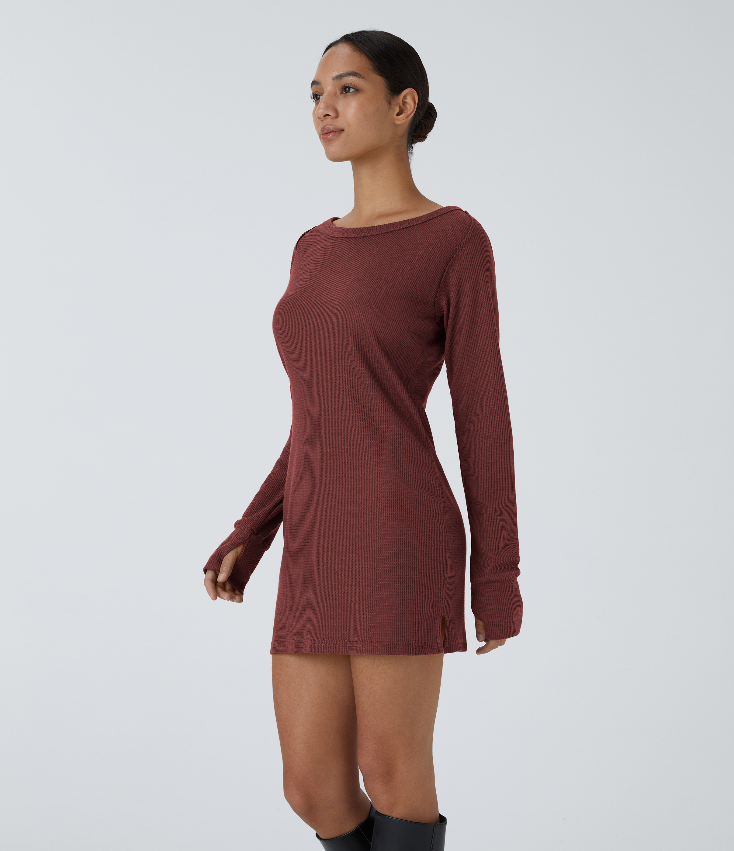 Halara Boat Neck Raglan Sleeve Thumb Hole Split Hem Waffle Casual Sweatshirt Dress  - Oxblood Red - S 