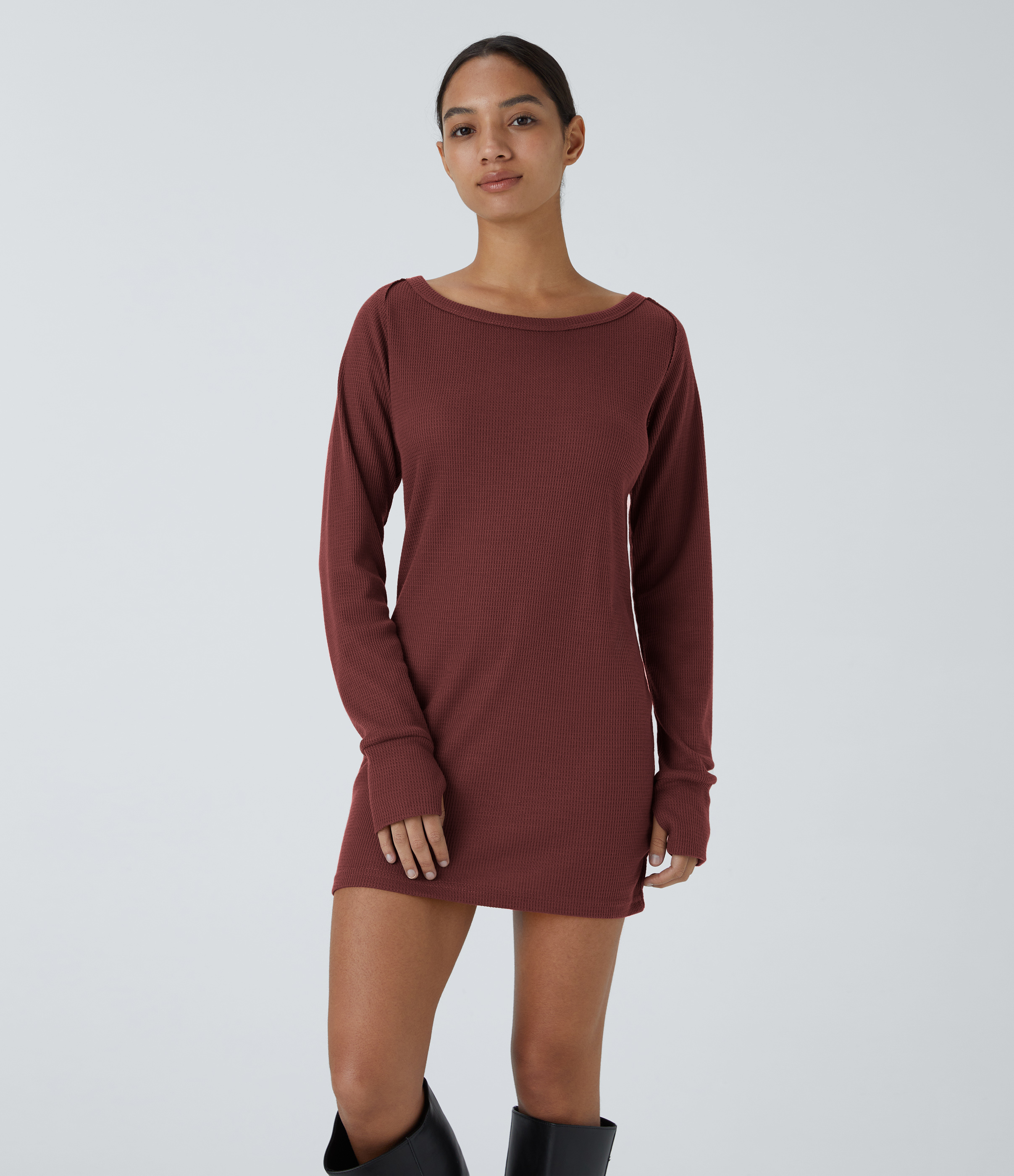 Halara Boat Neck Raglan Sleeve Thumb Hole Split Hem Waffle Casual Sweatshirt Dress  - Oxblood Red - S 