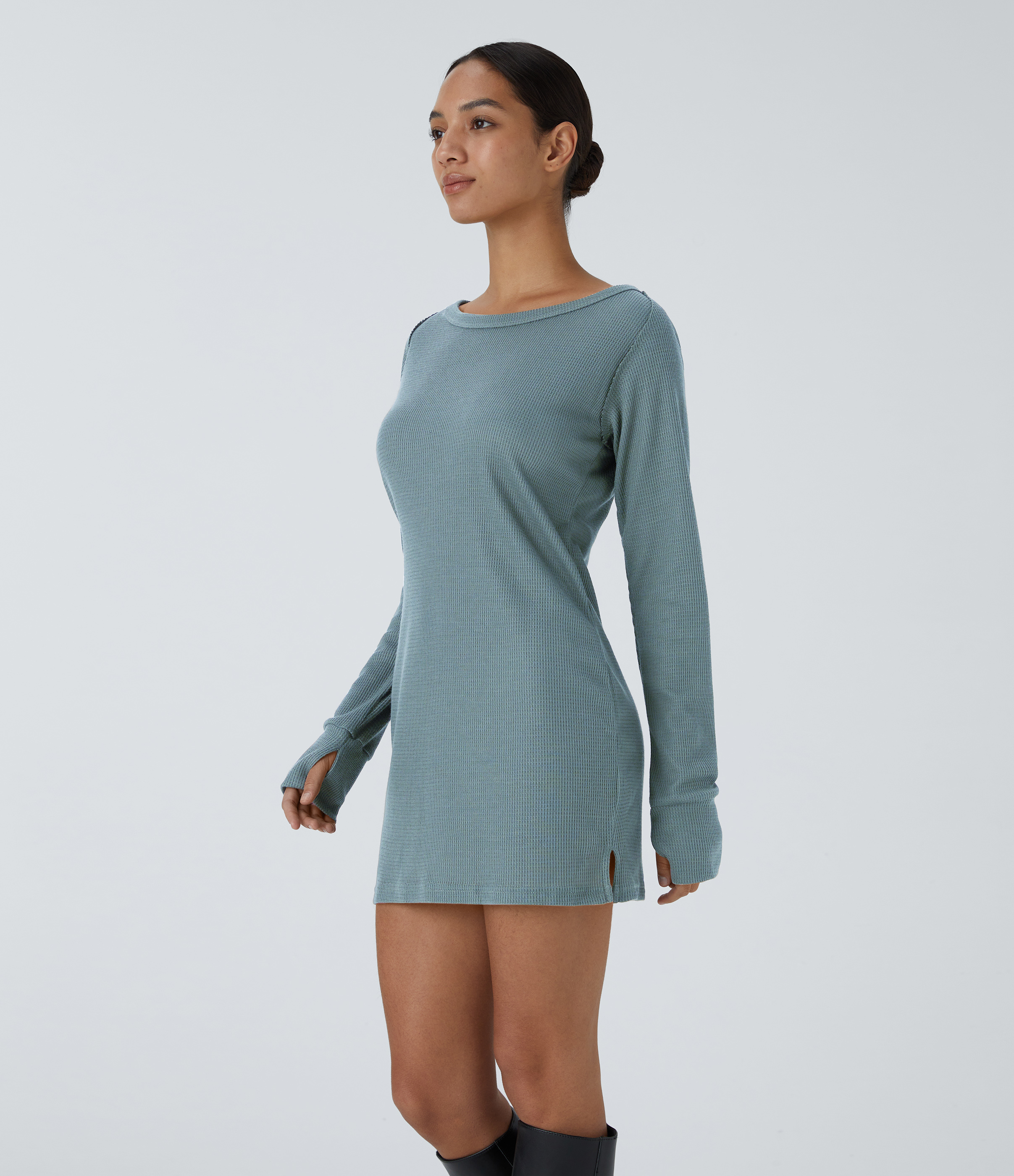 Halara Boat Neck Raglan Sleeve Thumb Hole Split Hem Waffle Casual Sweatshirt Dress  - Tourmaline - S 