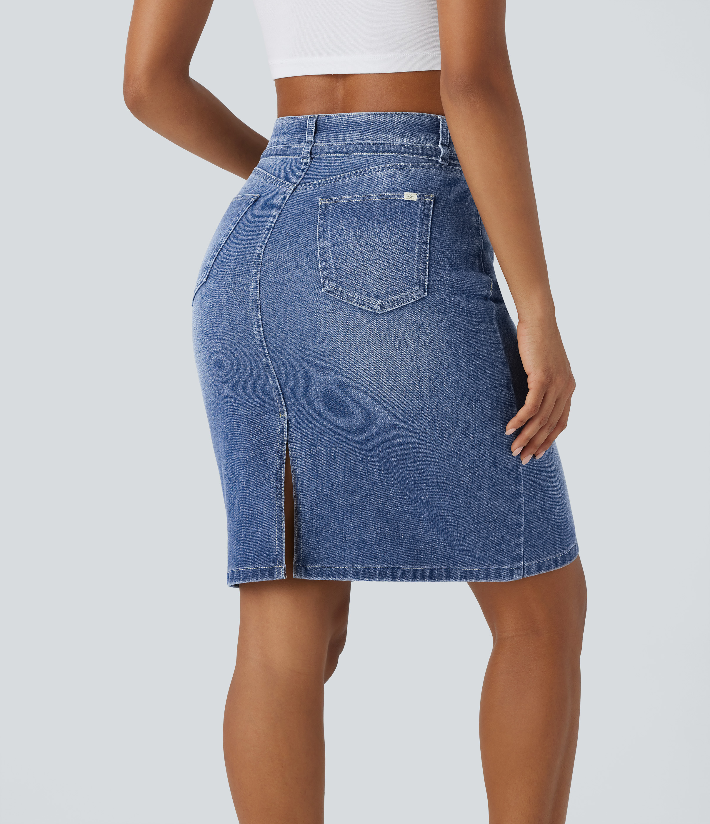 Cedar Blue Denim Falda midi Halara Flex™ Denim mezclilla elástico lavado dividido múltiple bolsillo cierre botón tiro medio / 2