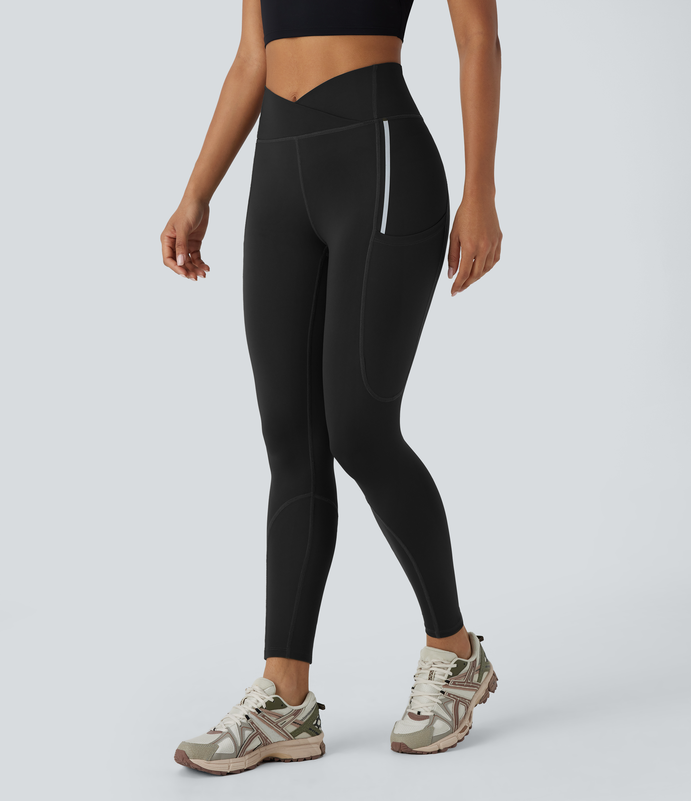 Halara Wear-Resistant Reflective High Waisted Crossover Multiple Pockets 7/8 Hiking Leggings  - Black - XS(7/8) gym leggings 