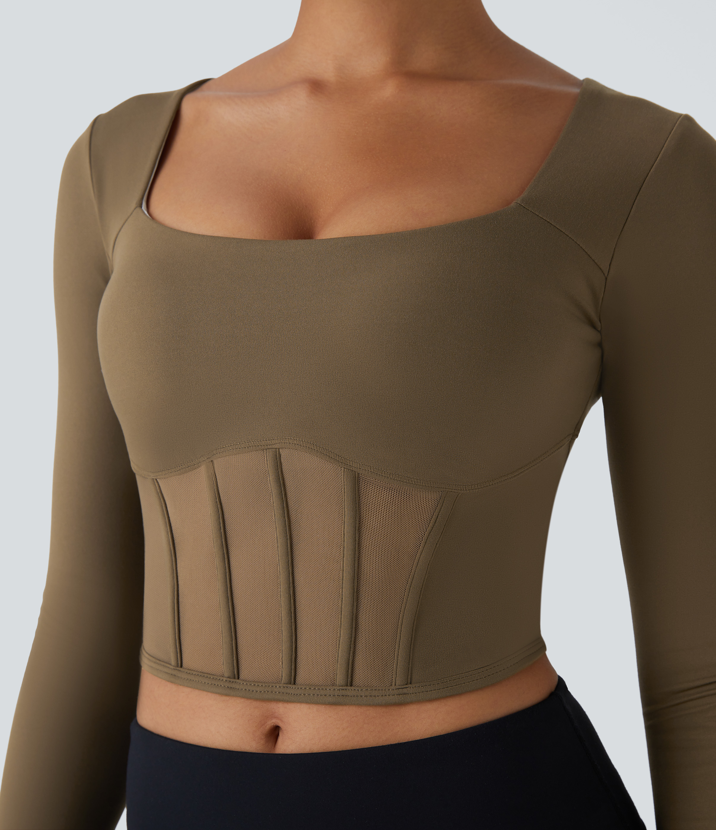 Halara Softlyzeroв„ў Square Neck Thumb Hole Corset Mesh Cropped Yoga Sports Top  - Chestnut Brown - XS 