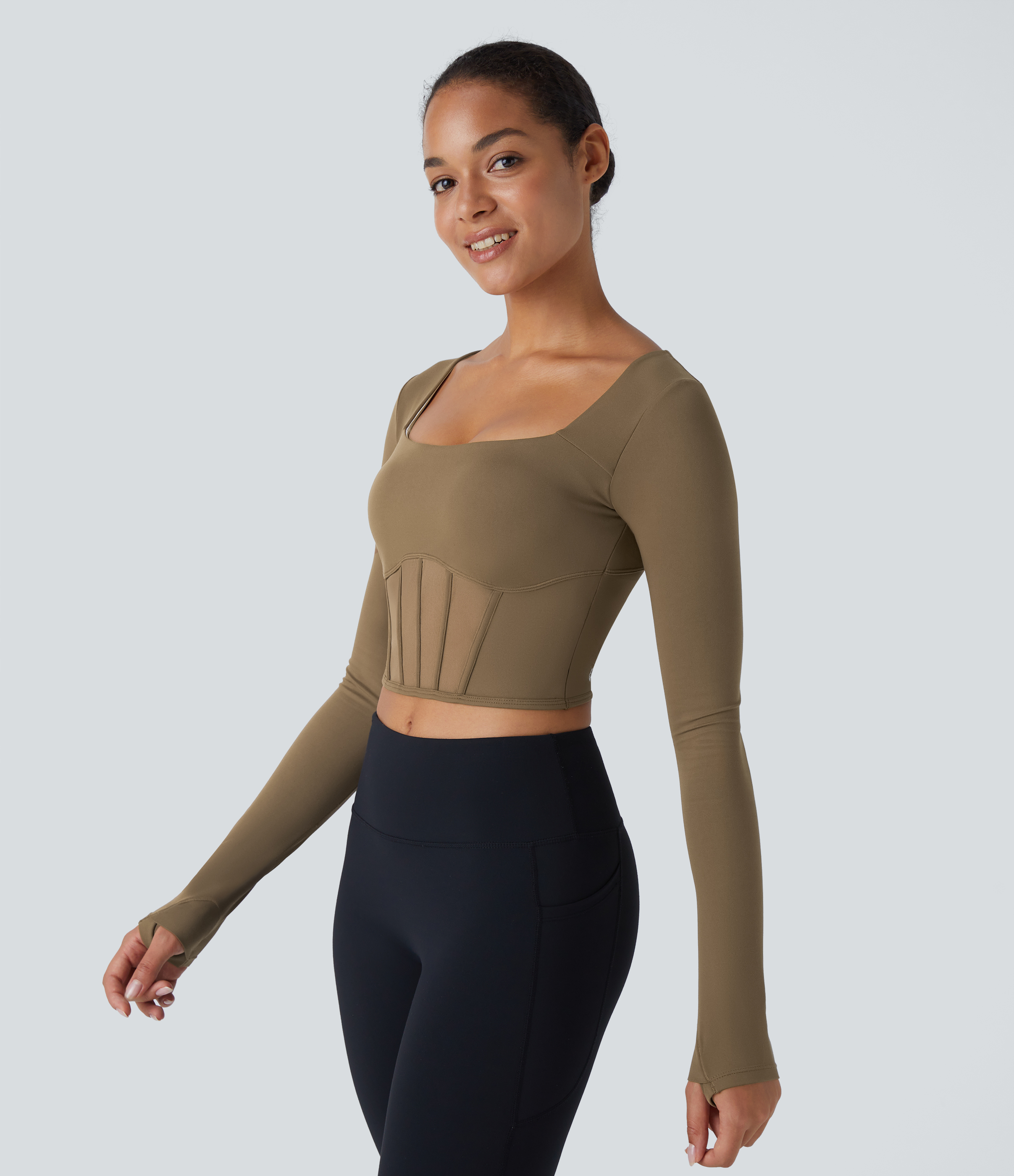 Halara Softlyzeroв„ў Square Neck Thumb Hole Corset Mesh Cropped Yoga Sports Top  - Chestnut Brown - XS 