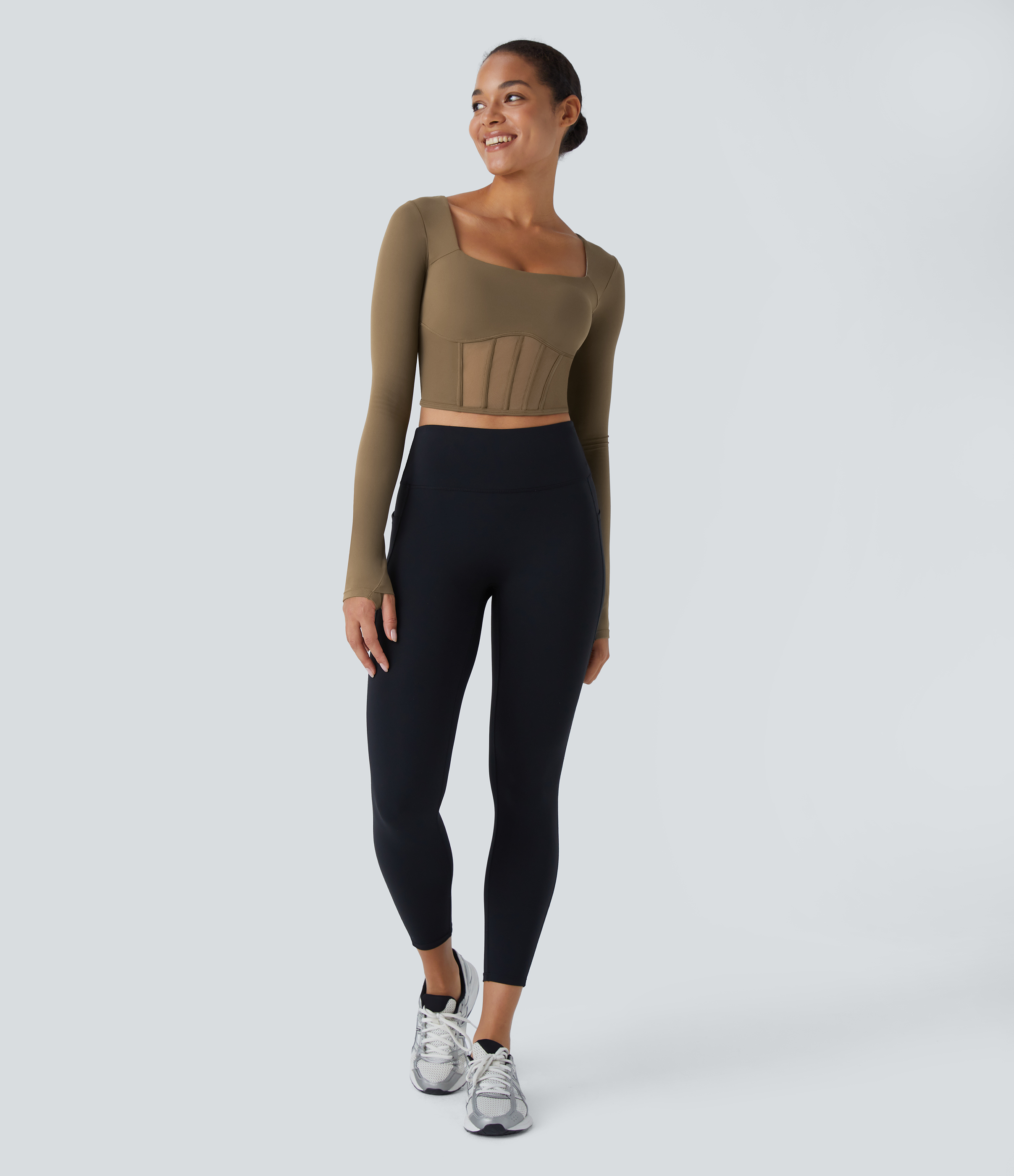 Halara Softlyzeroв„ў Square Neck Thumb Hole Corset Mesh Cropped Yoga Sports Top  - Chestnut Brown - XS 