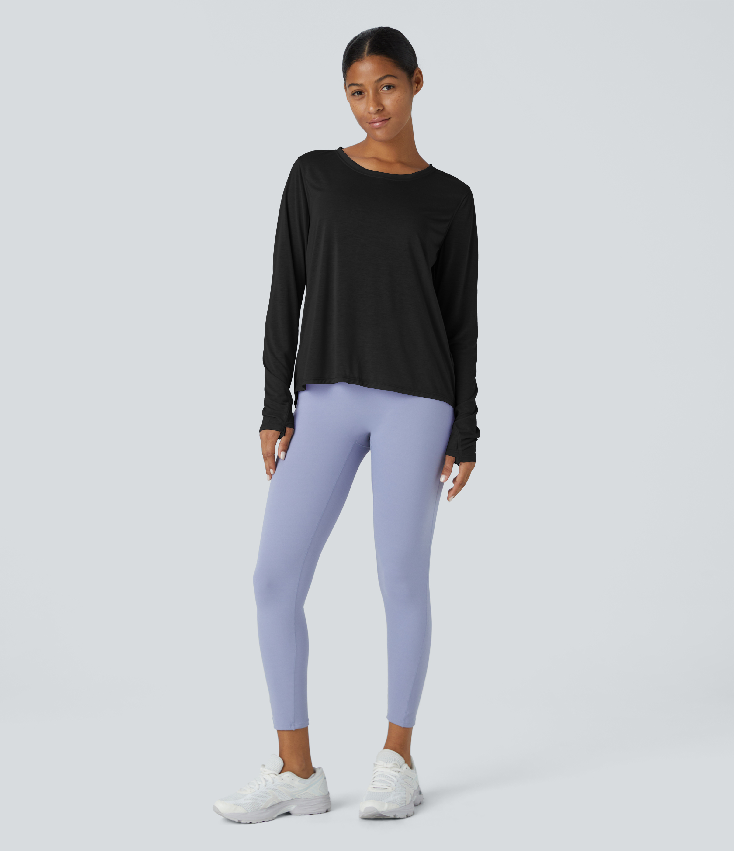 Halara Round Neck Long Sleeve Cut Out Split Tie Back Yoga Sports Top  - Black - XS 