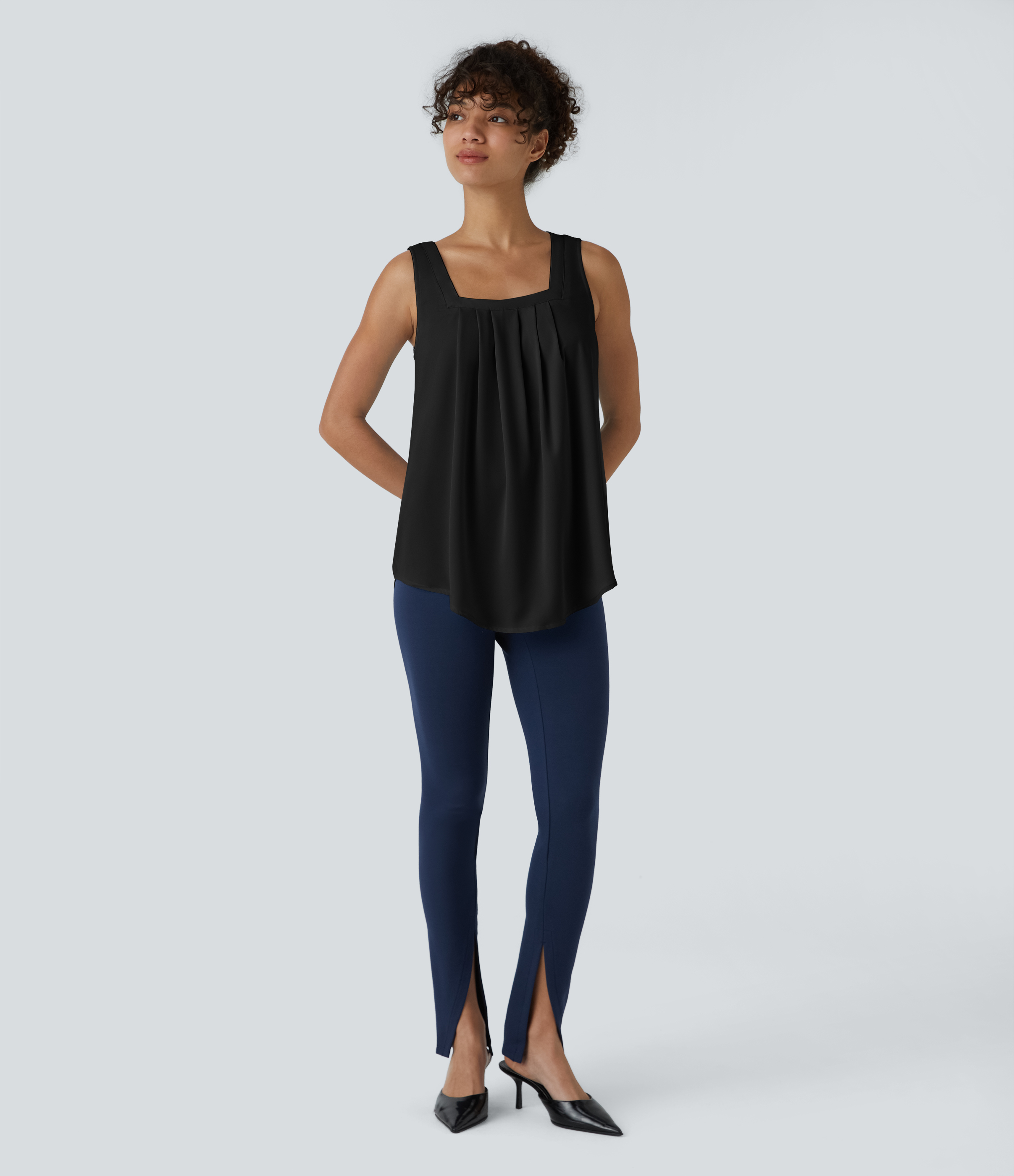 Halara Square Neck Plicated Work Tank Top Tank Top - Black - M golf tops halter top tunic tops sleeveless tops backless top 