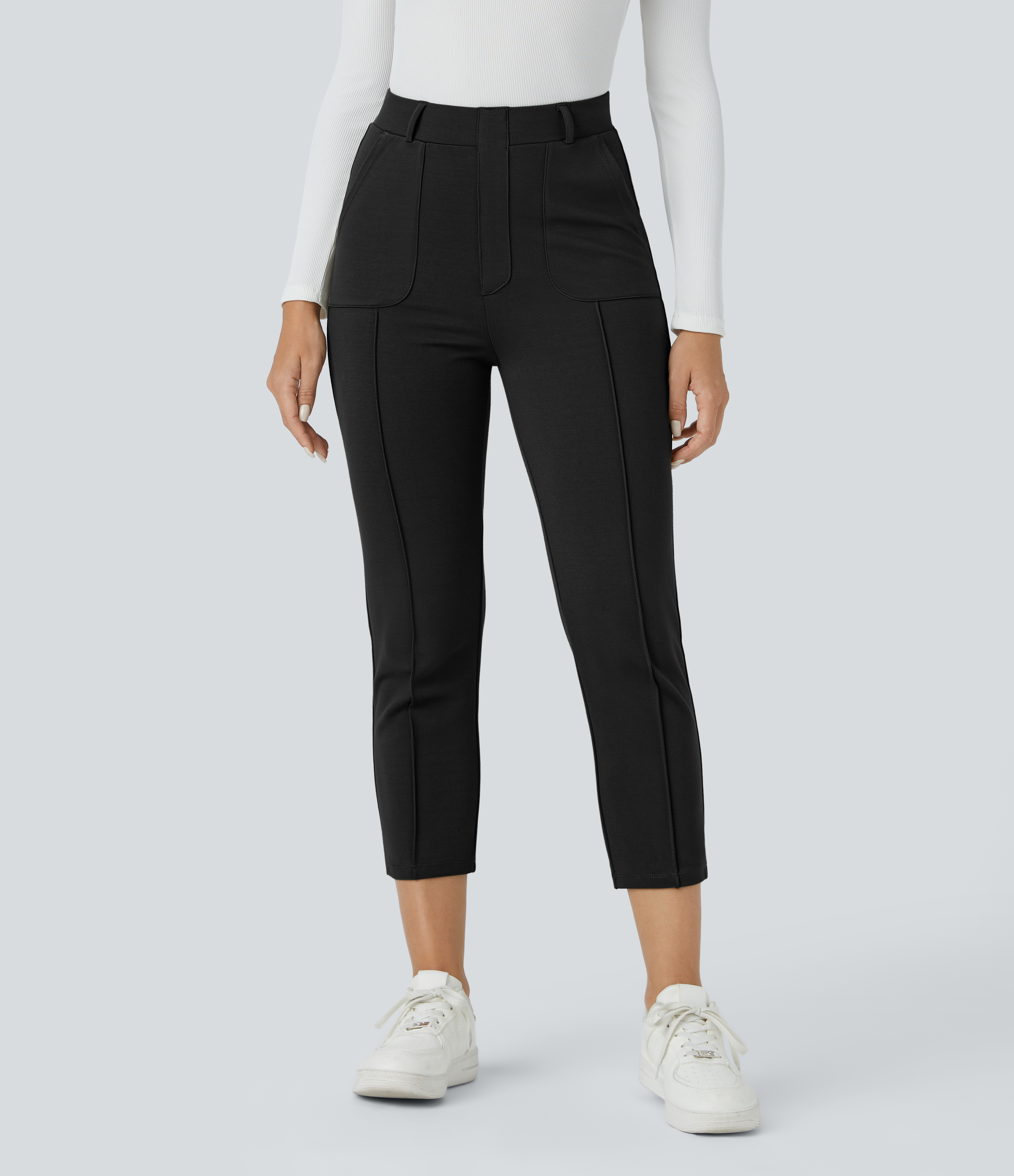 Halara High Waisted Multiple Pockets Pick-Stitching Work Capri Pants  - Black - XS(regular) sweatpants jogger pants stacked sweatpants 