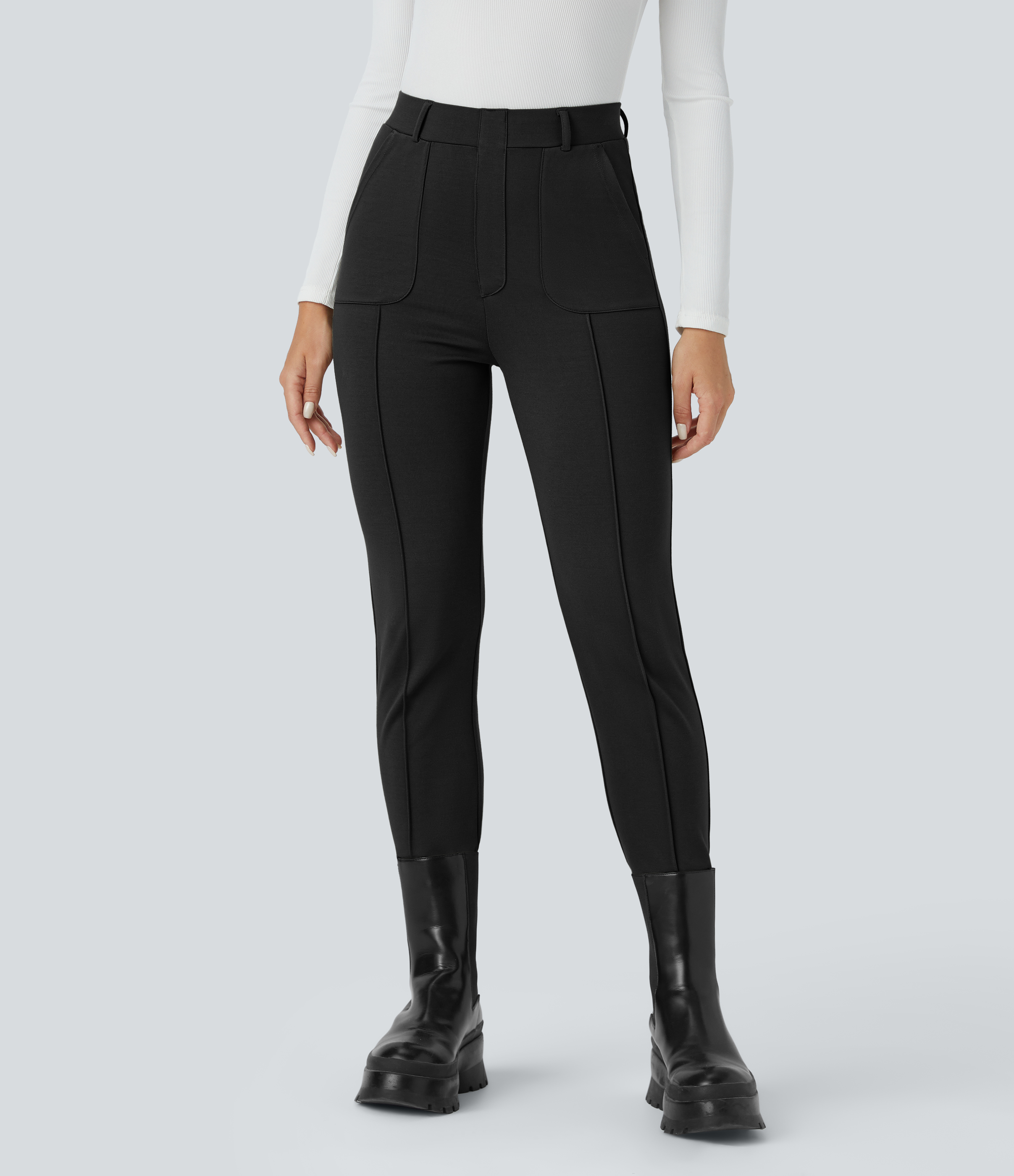 Halara High Waisted Multiple Pockets Pick-Stitching Work Capri Pants  - Black - XS(regular) sweatpants jogger pants stacked sweatpants 