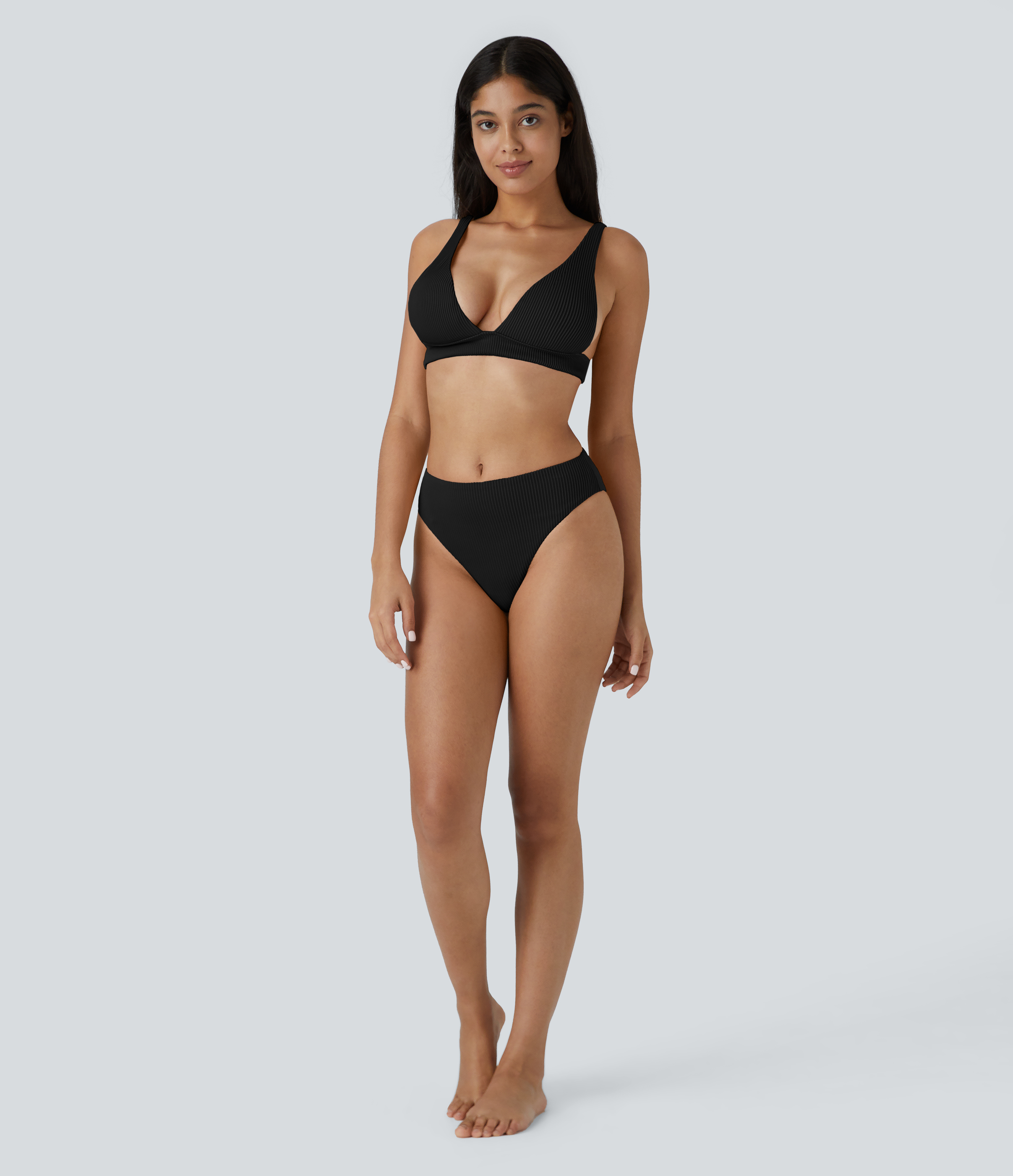 Halara Ribbed Mid Rise Bikini Bottom Swimsuit  - Black - S 