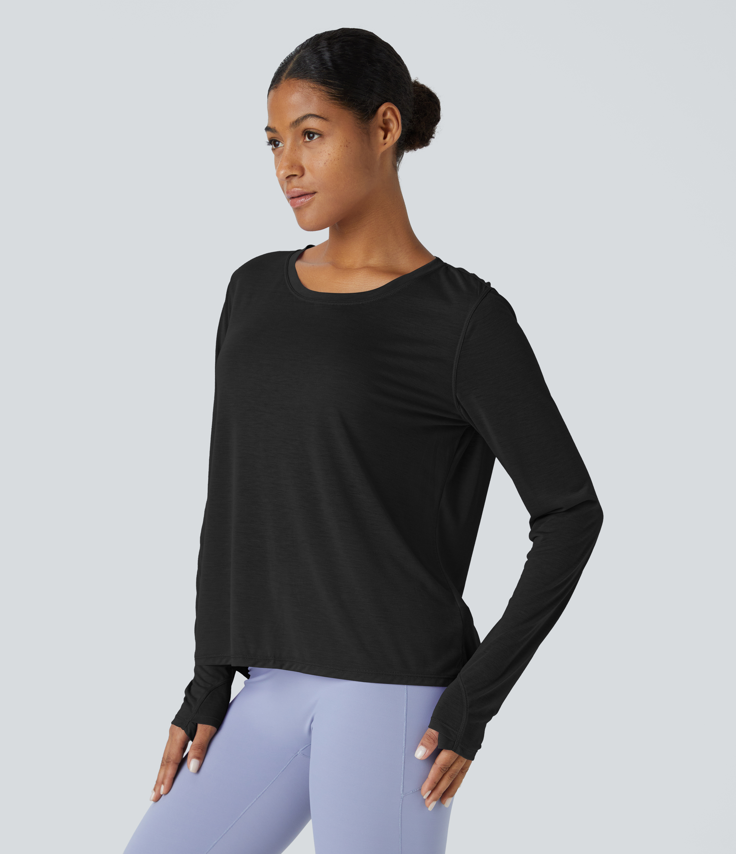 Halara Round Neck Long Sleeve Cut Out Split Tie Back Yoga Sports Top  - Black - XS 