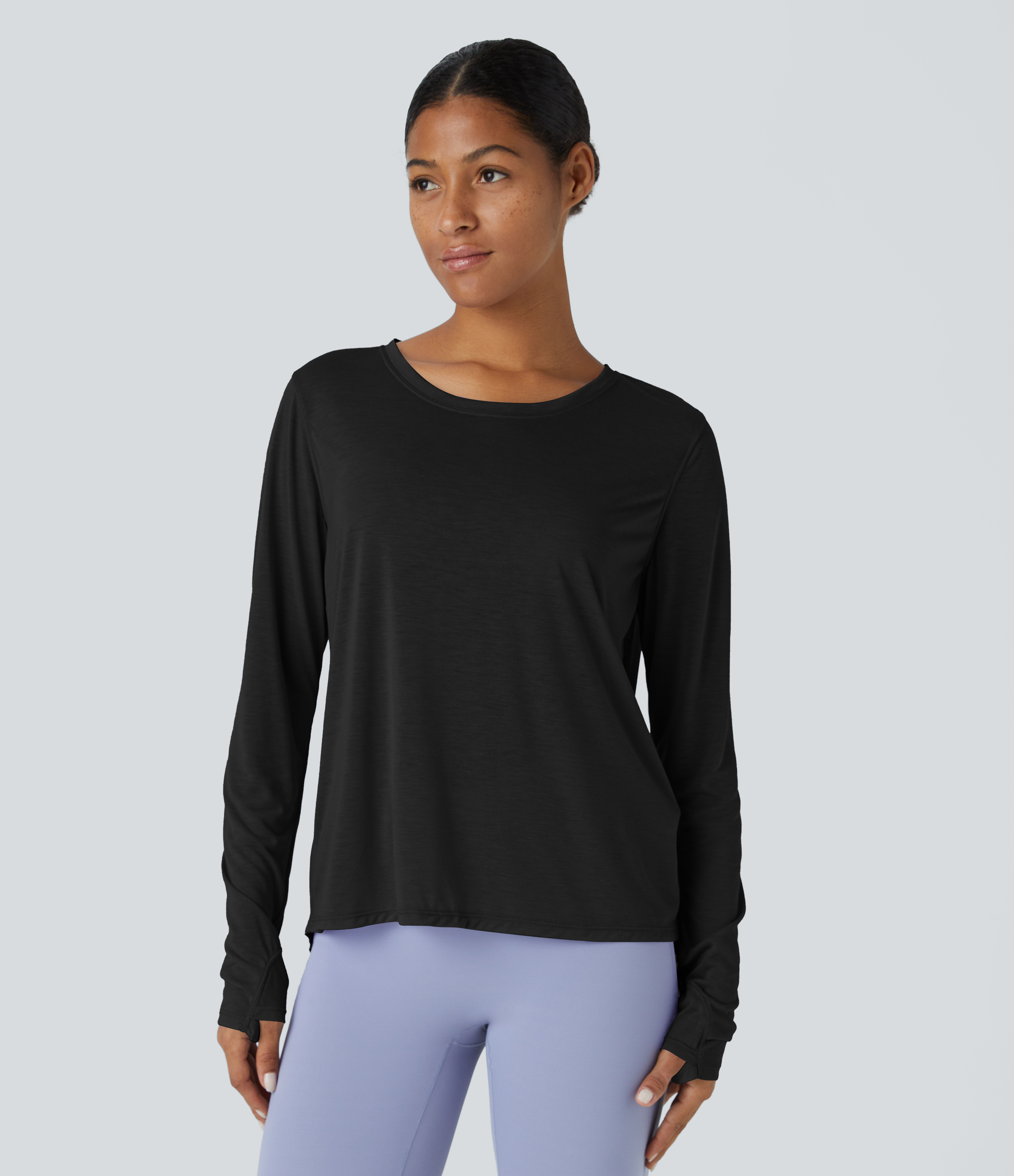 Halara Round Neck Long Sleeve Cut Out Split Tie Back Yoga Sports Top  - Black - XS 