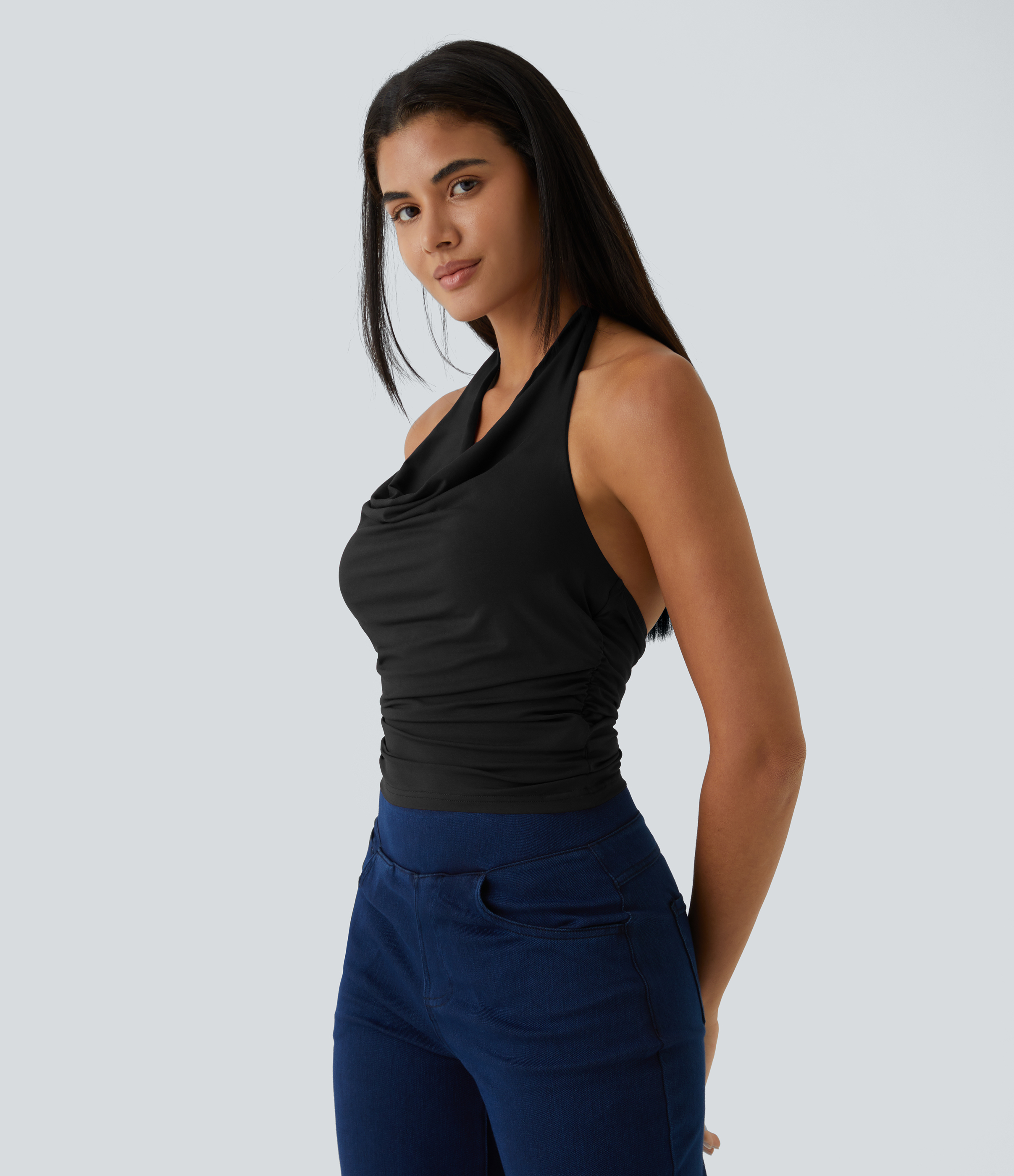 Halara Halter Cowl Neck Backless Ruched Casual Tank Top Tank Top - Black - M golf tops halter top tunic tops sleeveless tops backless top 