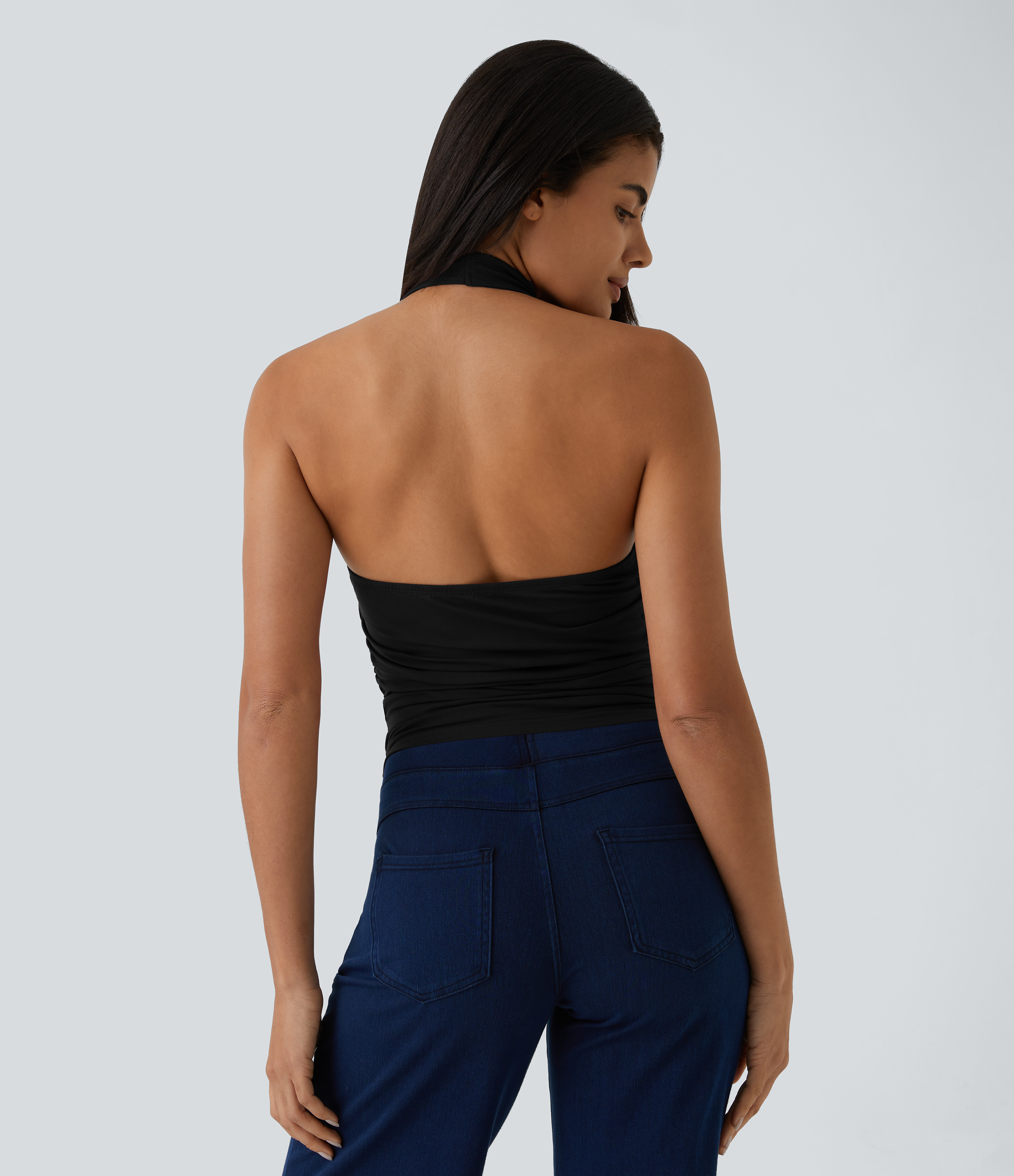 Halara Halter Cowl Neck Backless Ruched Casual Tank Top Tank Top - Black - M golf tops halter top tunic tops sleeveless tops backless top 