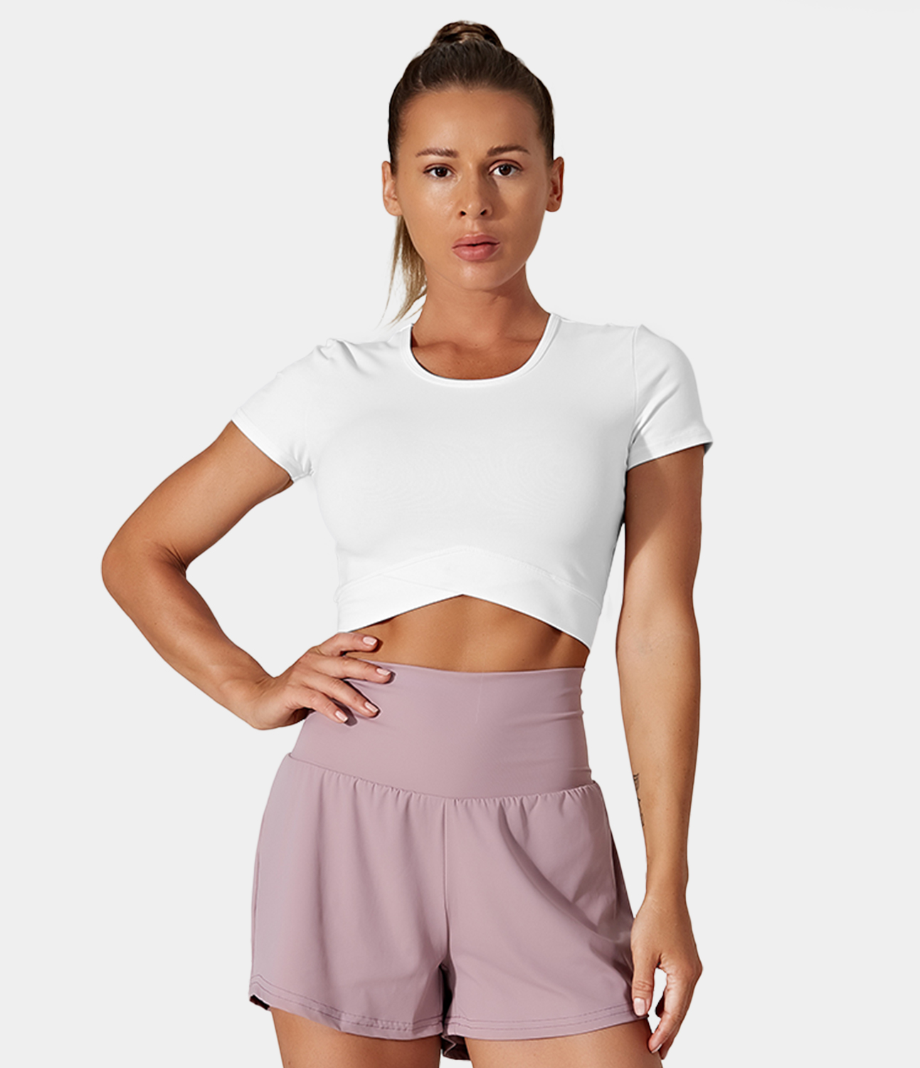 Women's Short Sleeve Crossover Hem Cropped Sports Top HALARA