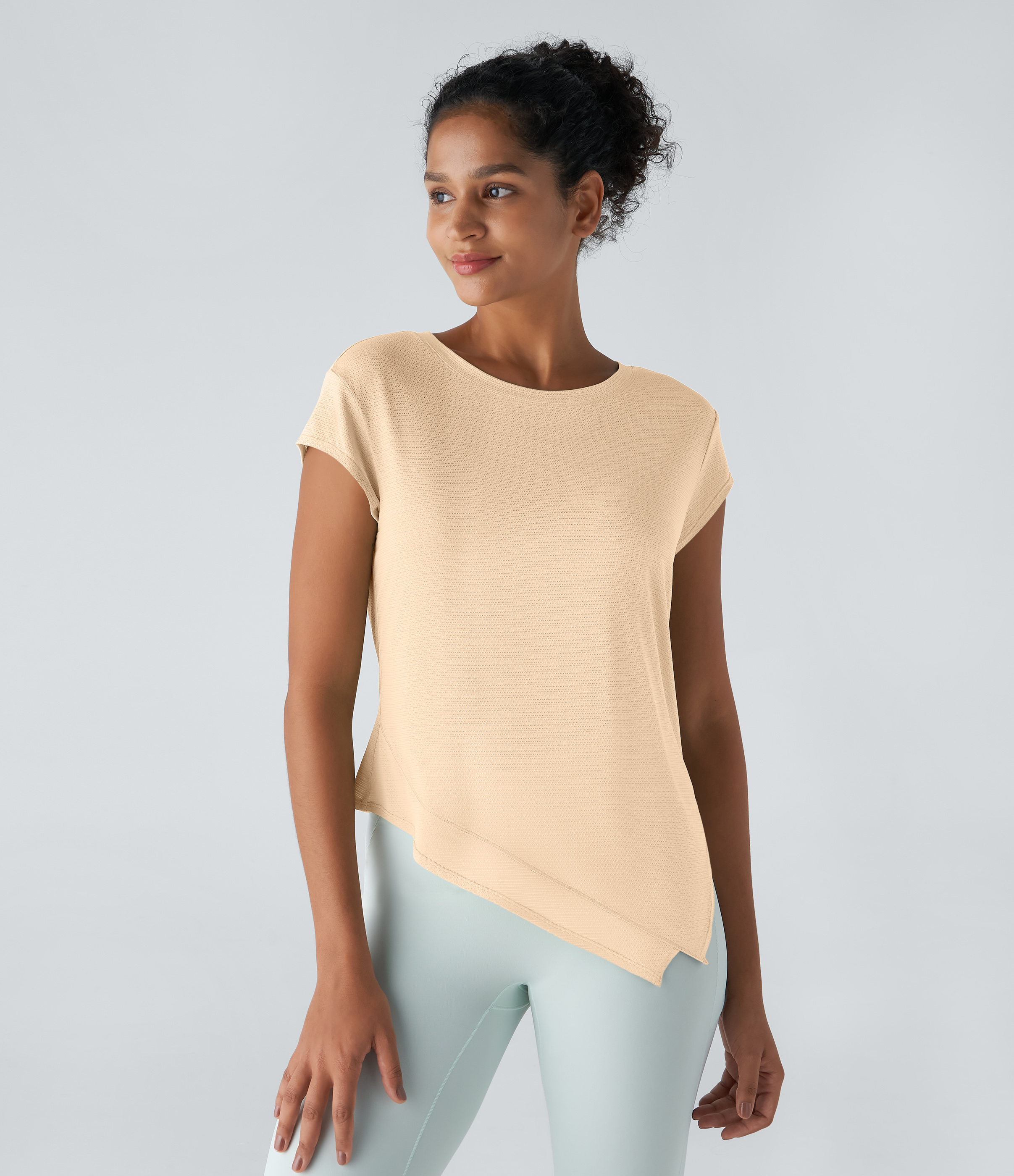 Halara Sheer Round Neck Short Sleeve Split Asymmetric Hem Jacquard Yoga Sports Top  - Dawn - XL 
