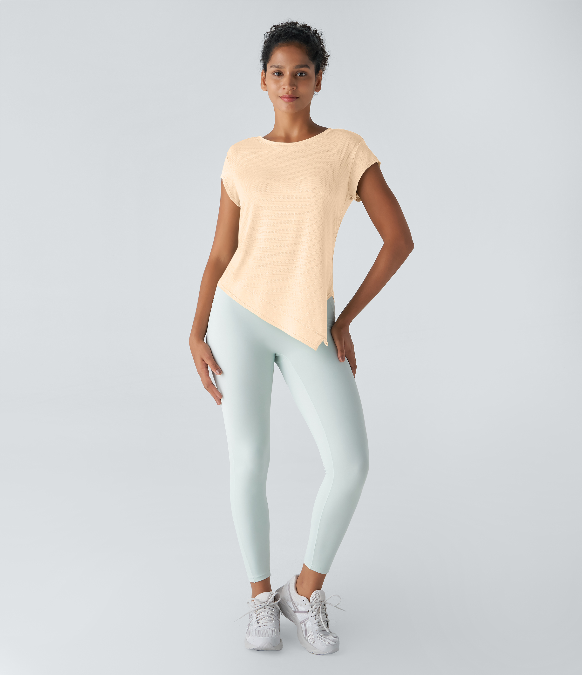 Halara Sheer Round Neck Short Sleeve Split Asymmetric Hem Jacquard Yoga Sports Top  - Dawn - XL 