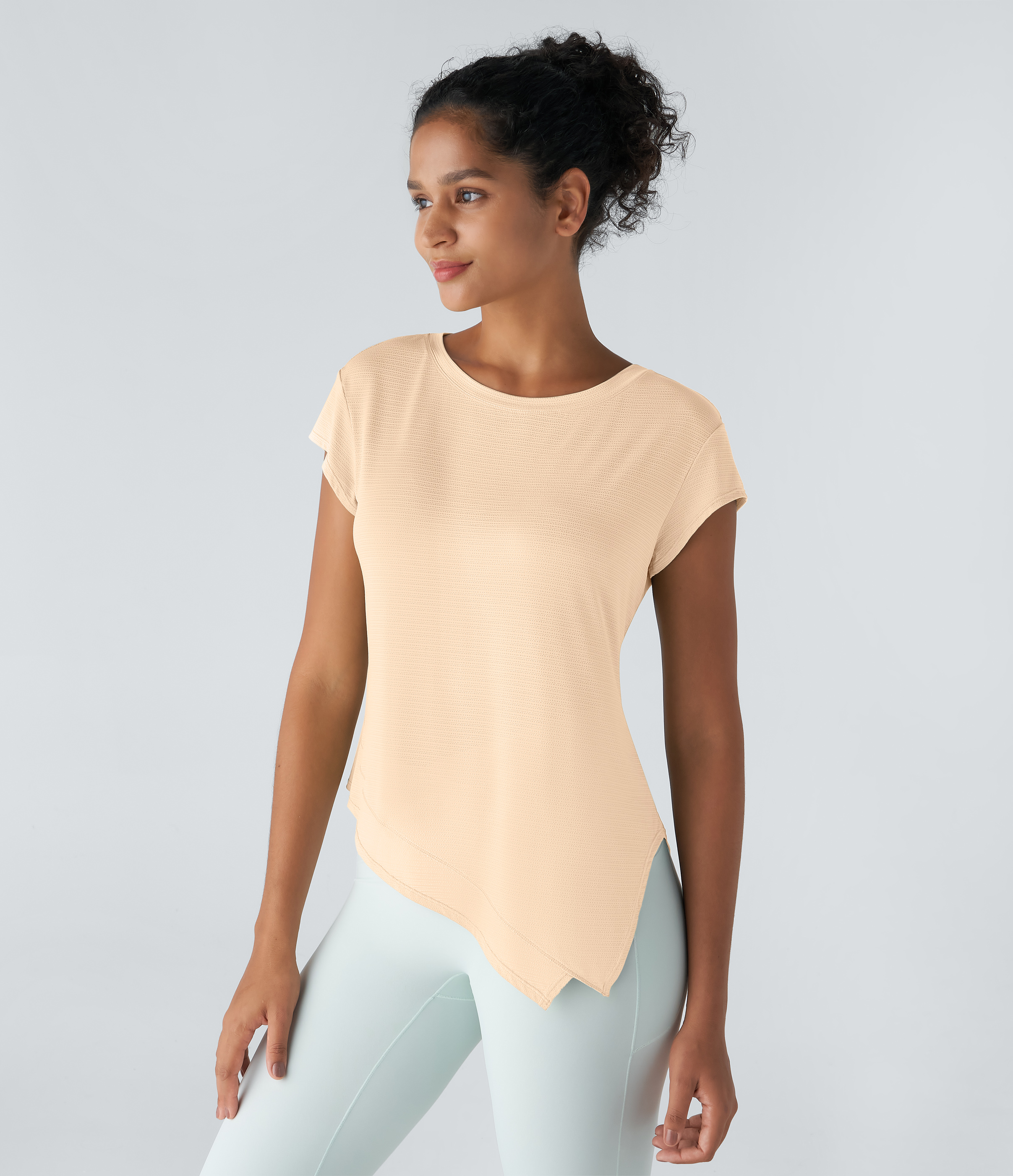 Halara Sheer Round Neck Short Sleeve Split Asymmetric Hem Jacquard Yoga Sports Top  - Dawn - XL 
