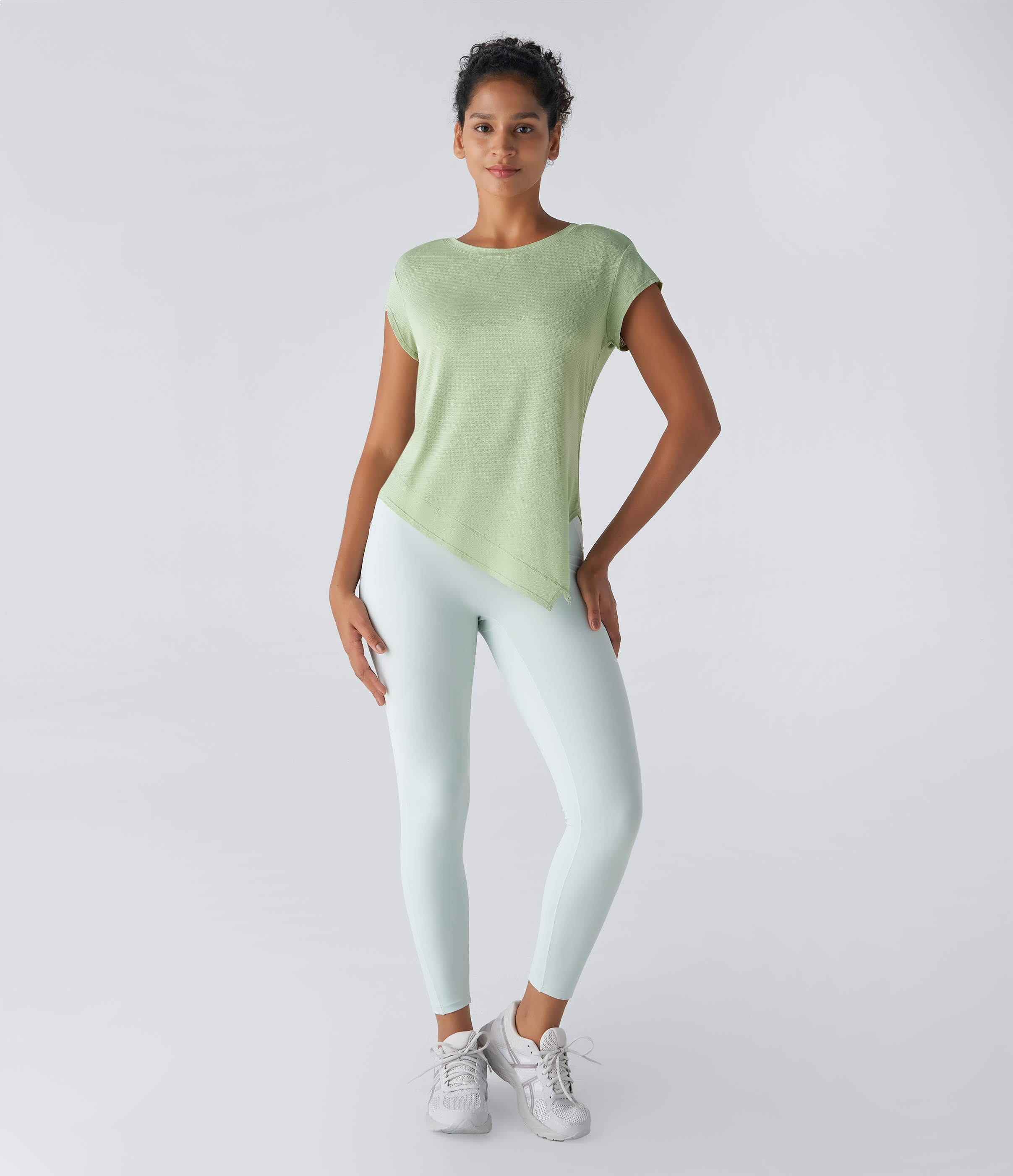 Halara Sheer Round Neck Short Sleeve Split Asymmetric Hem Jacquard Yoga Sports Top  - Foam Green - XL 