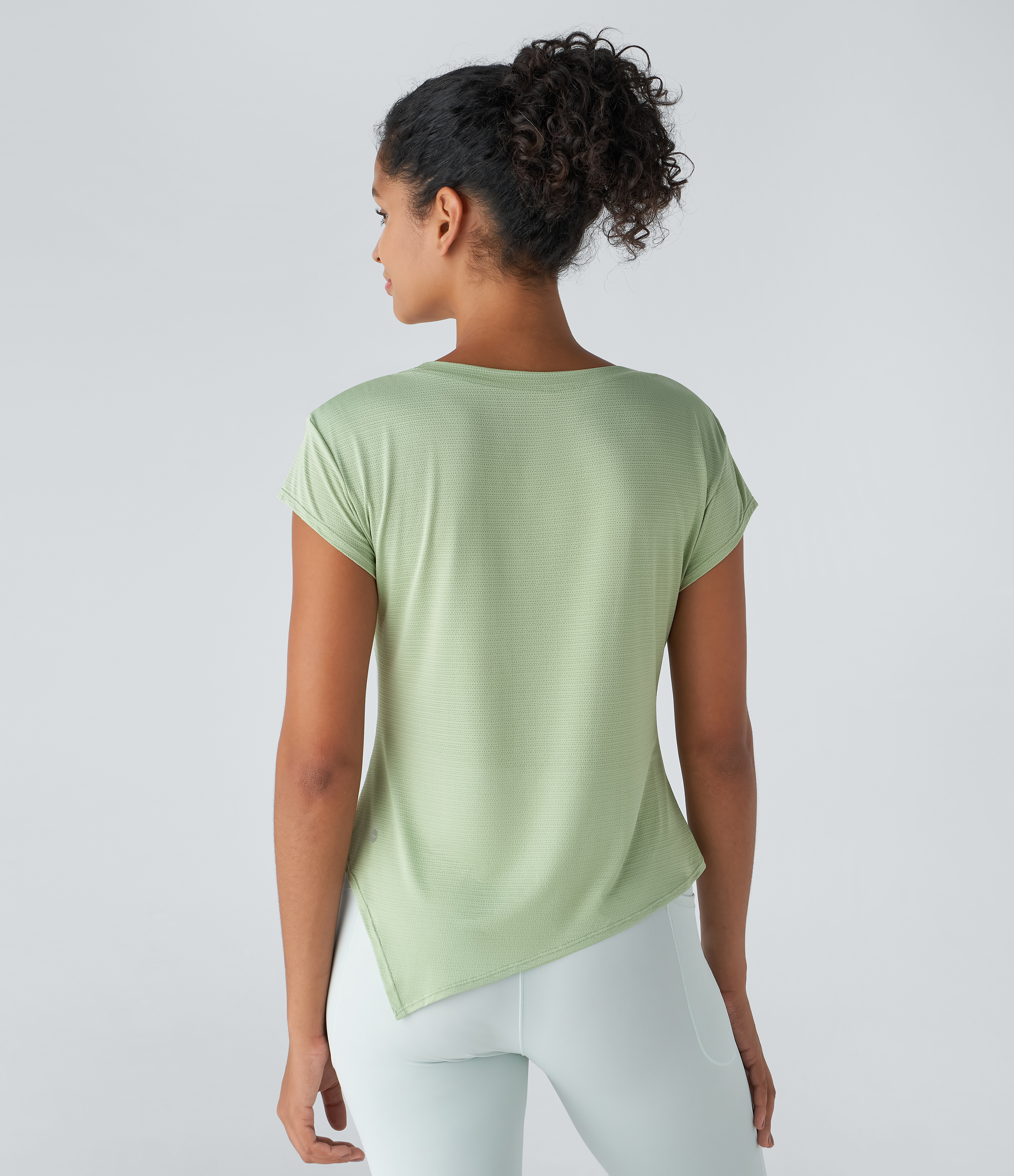 Halara Sheer Round Neck Short Sleeve Split Asymmetric Hem Jacquard Yoga Sports Top  - Foam Green - XL 