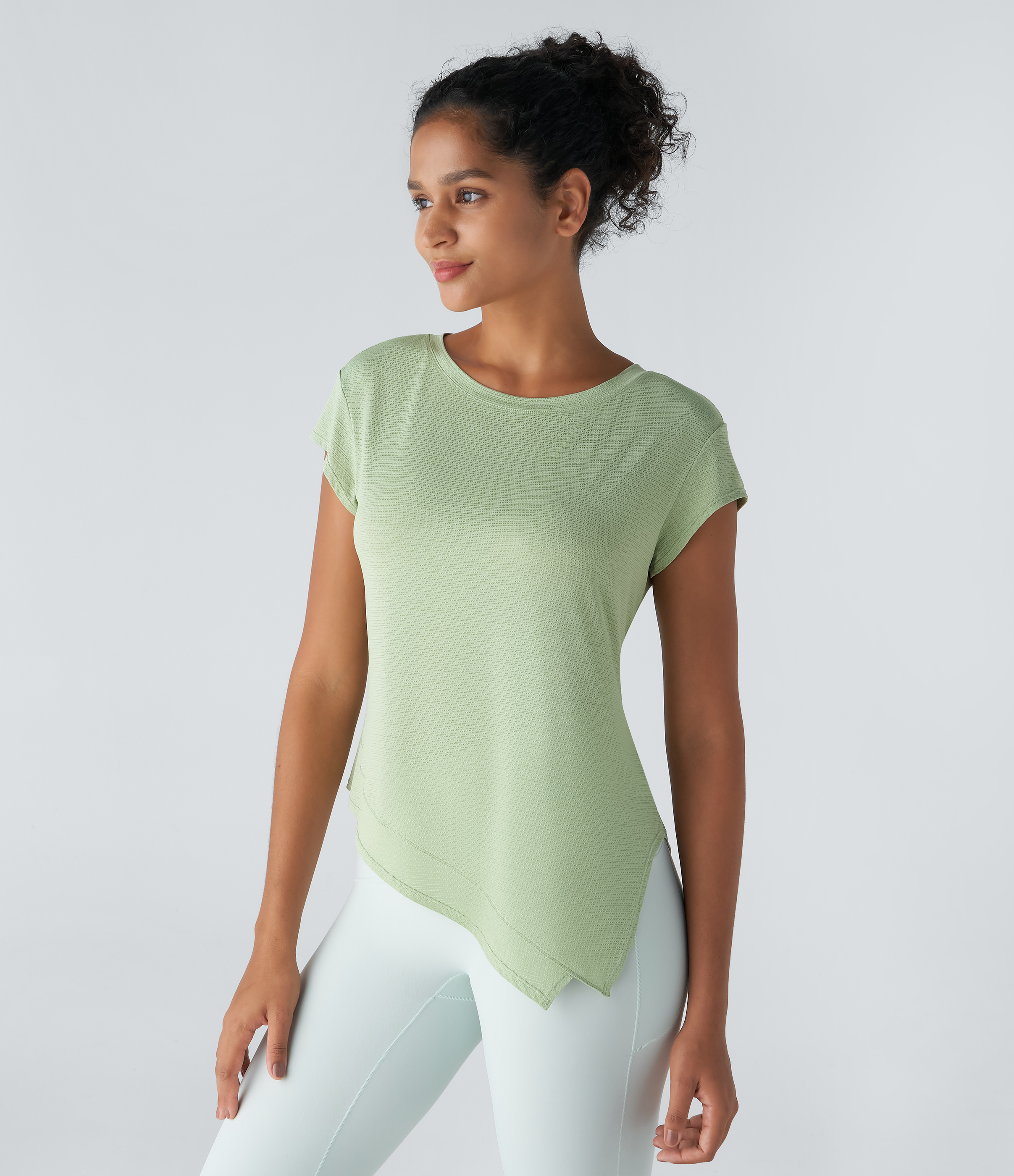 Halara Sheer Round Neck Short Sleeve Split Asymmetric Hem Jacquard Yoga Sports Top  - Foam Green - XL 