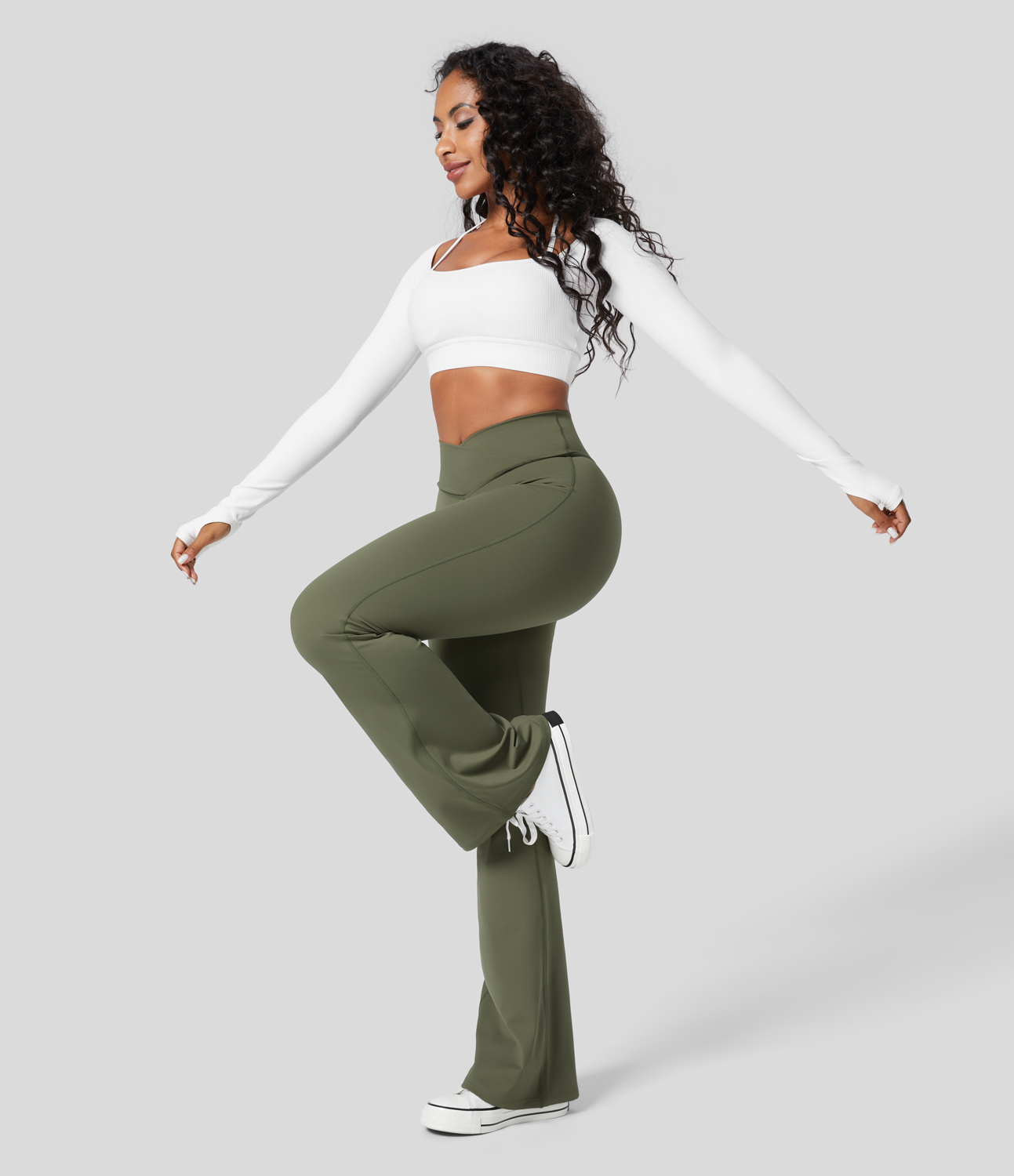 Halara Softlyzeroв„ў Fleece High Waisted Crossover Yoga Flare Leggings  - Grass Grey Green - S(regular) gym leggings leggings with pockets 
