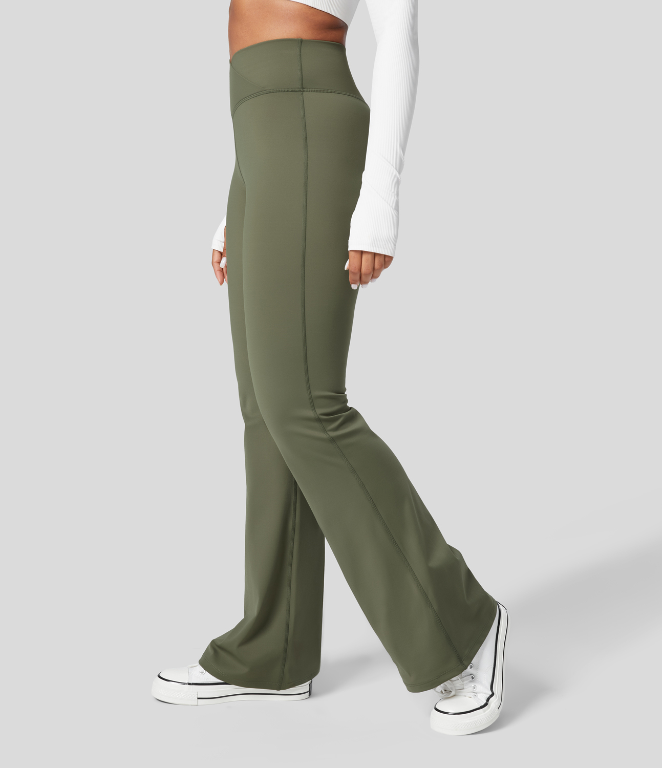 Halara Softlyzeroв„ў Fleece High Waisted Crossover Yoga Flare Leggings  - Grass Grey Green - S(regular) gym leggings leggings with pockets 