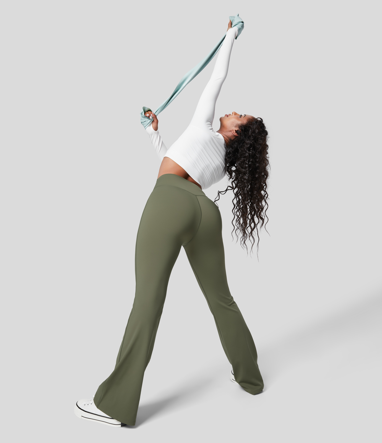 Halara Softlyzeroв„ў Fleece High Waisted Crossover Yoga Flare Leggings  - Grass Grey Green - S(regular) gym leggings leggings with pockets 