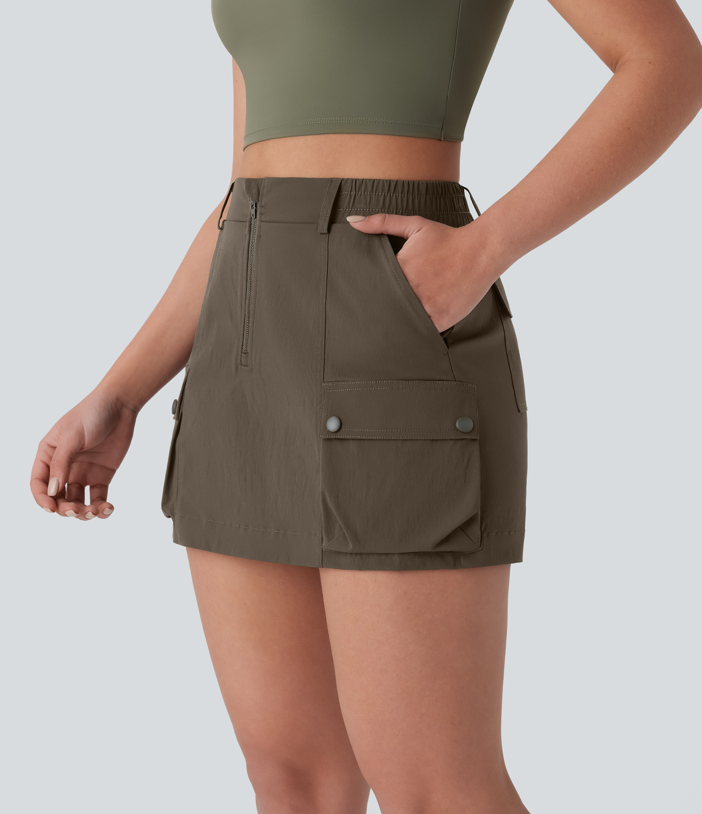 Halara Water Repellent High Waisted Zipper Multiple Pockets Ripstop Hiking Cargo Skort  - Twilight Green - XS(regular) 