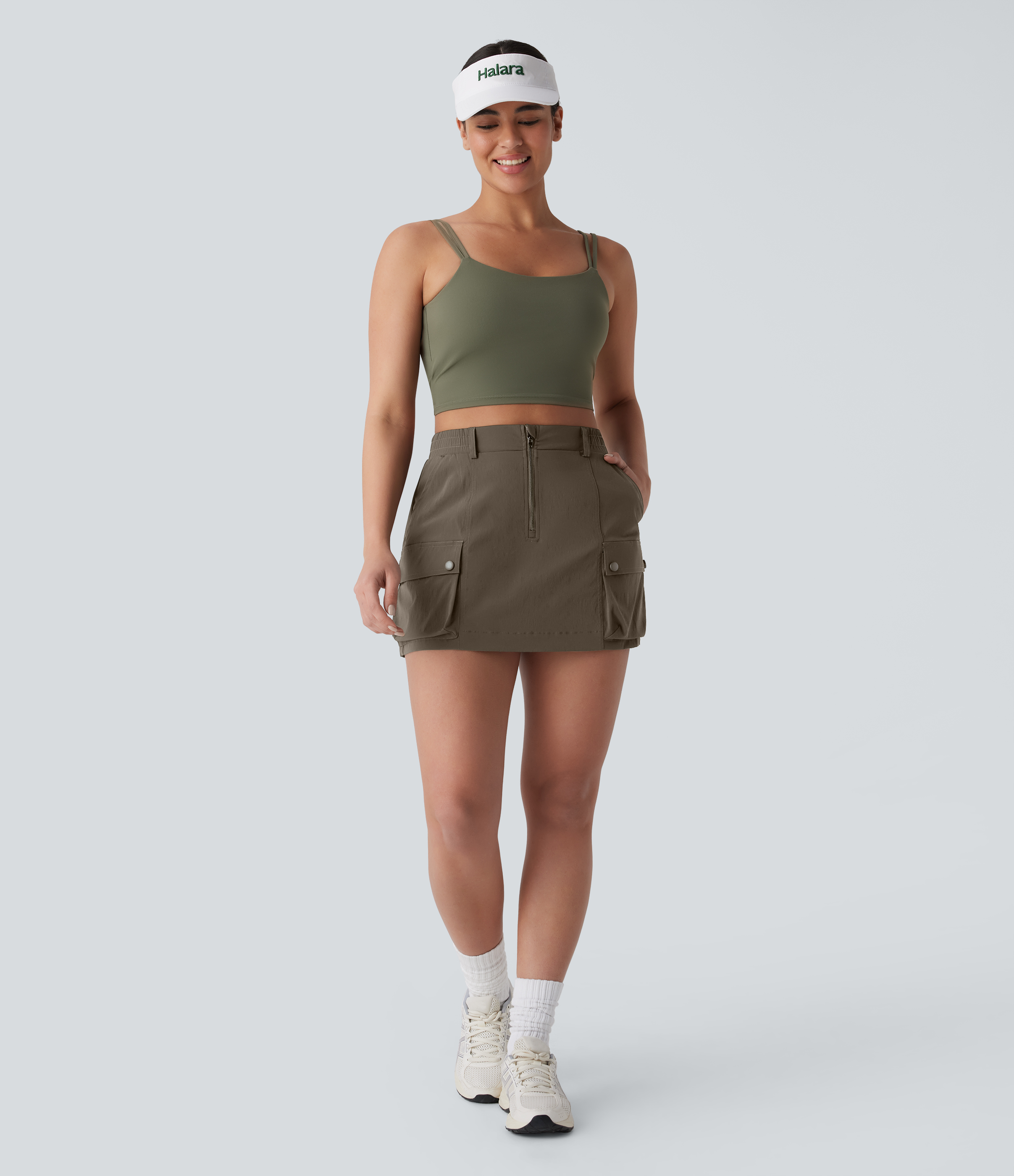Halara Water Repellent High Waisted Zipper Multiple Pockets Ripstop Hiking Cargo Skort  - Twilight Green - XS(regular) 